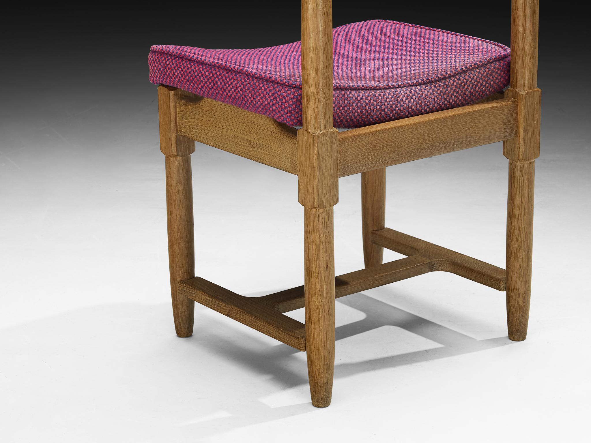Mid-20th Century Guillerme & Chambron Set of Five Dining Chairs in Oak and Purple Wool For Sale