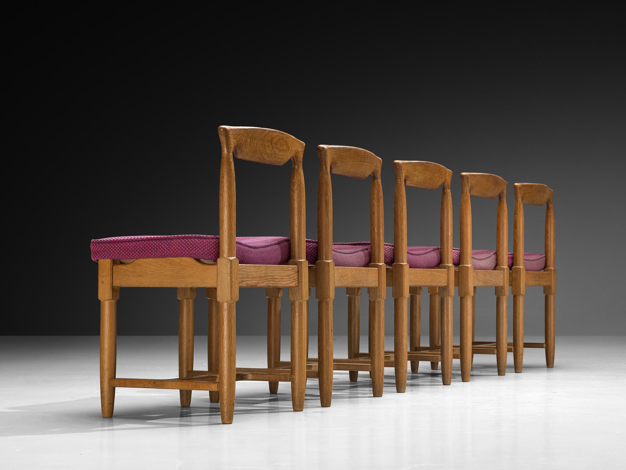 Guillerme & Chambron Set of Five Dining Chairs in Oak and Purple Wool For Sale 1
