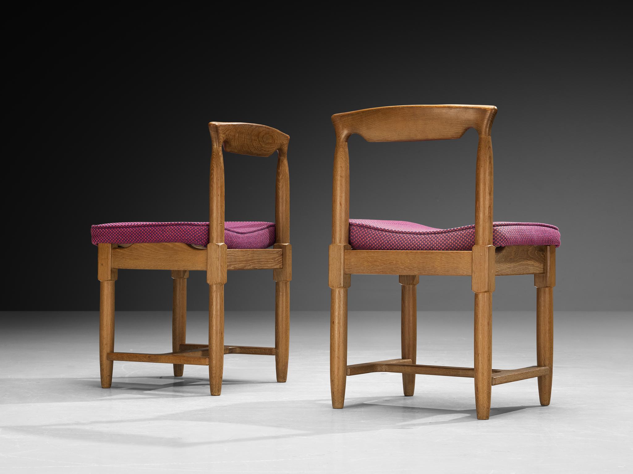 Guillerme & Chambron Set of Five Dining Chairs in Oak and Purple Wool For Sale 2