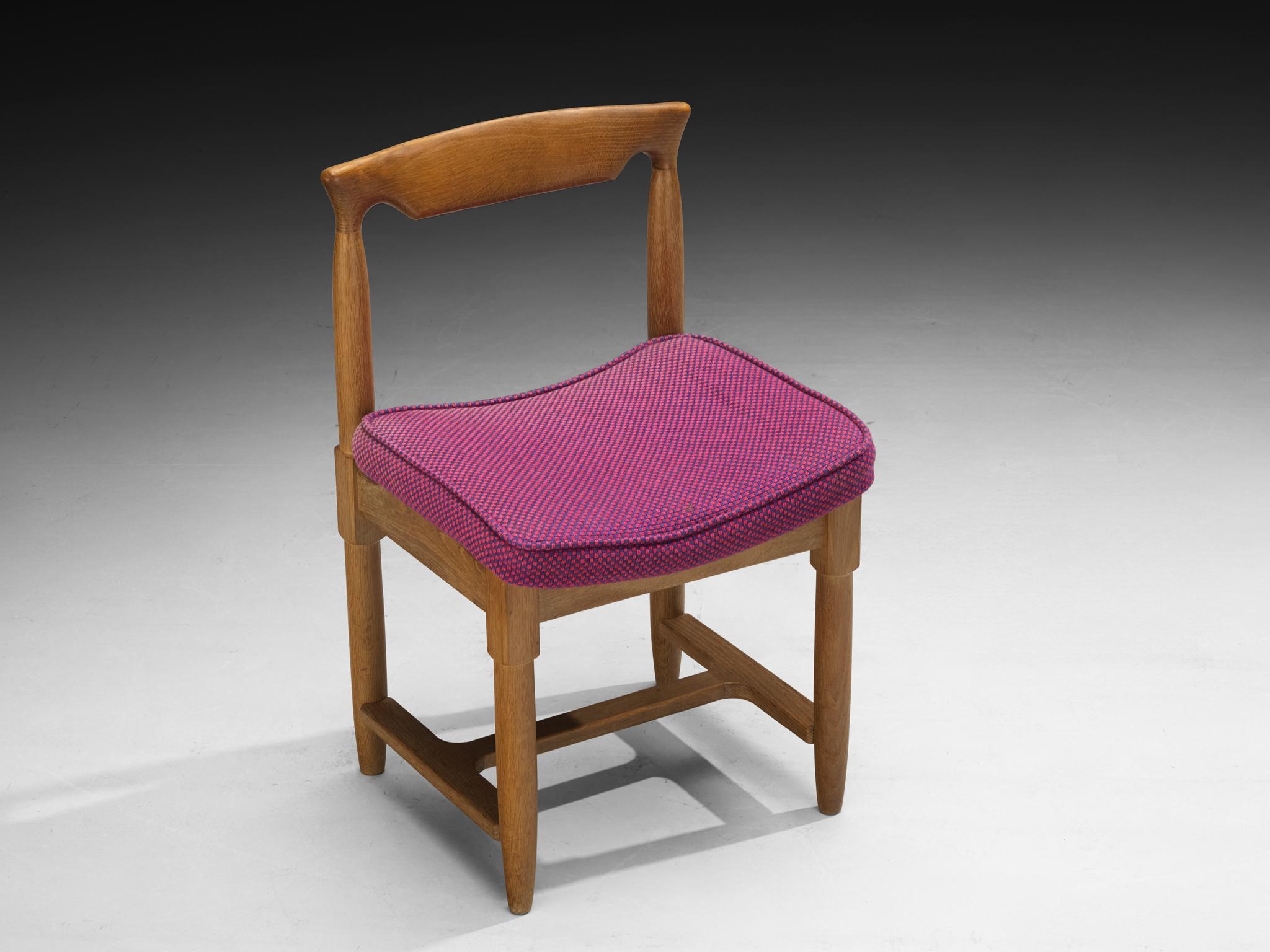 Guillerme & Chambron Set of Five Dining Chairs in Oak and Purple Wool For Sale 3