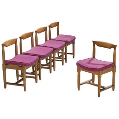 Guillerme & Chambron Set of Five Dining Chairs in Oak and Purple Wool