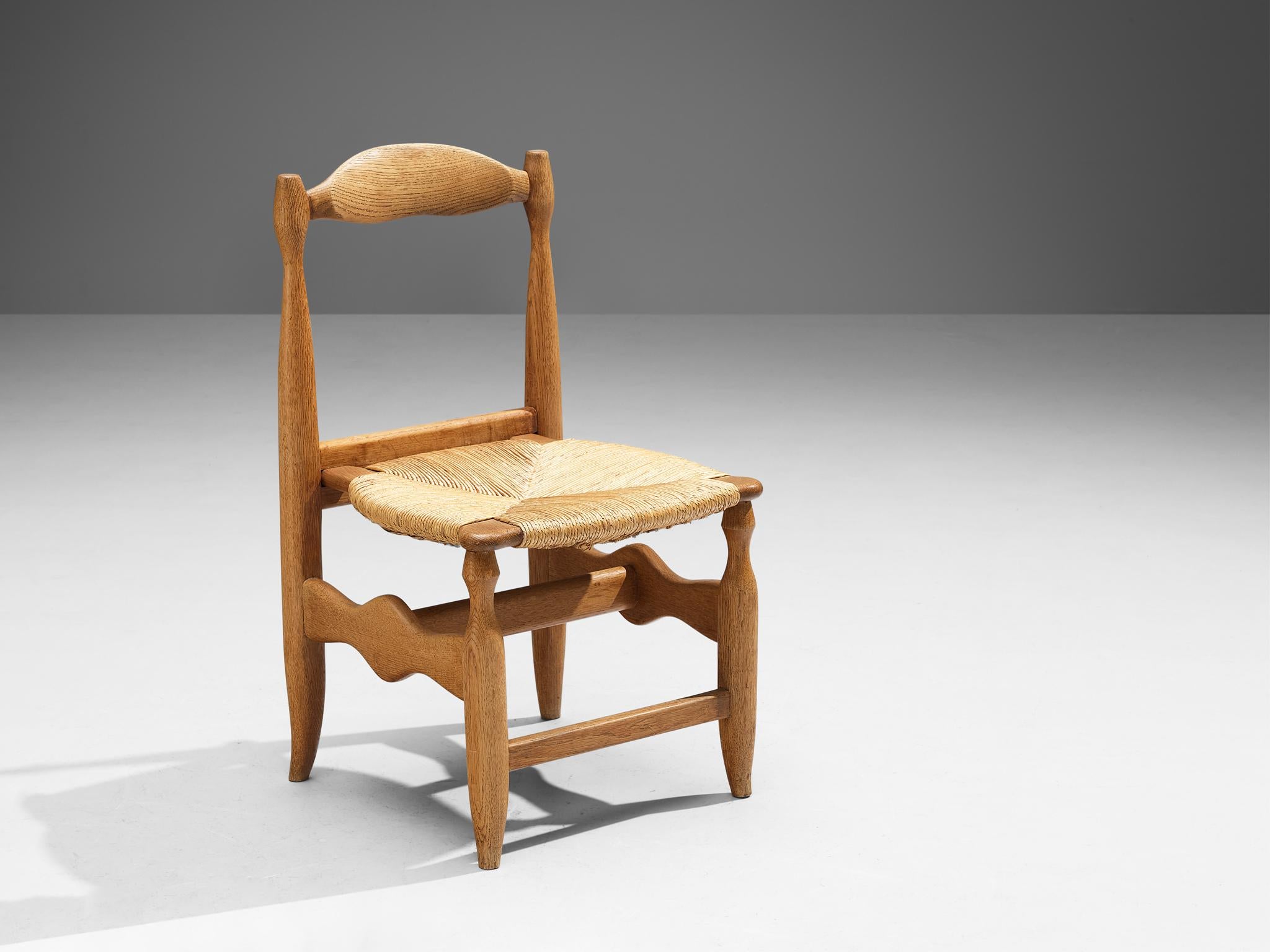 French Guillerme & Chambron Set of Four 'Charlotte' Dining Chairs in Oak and Rush For Sale