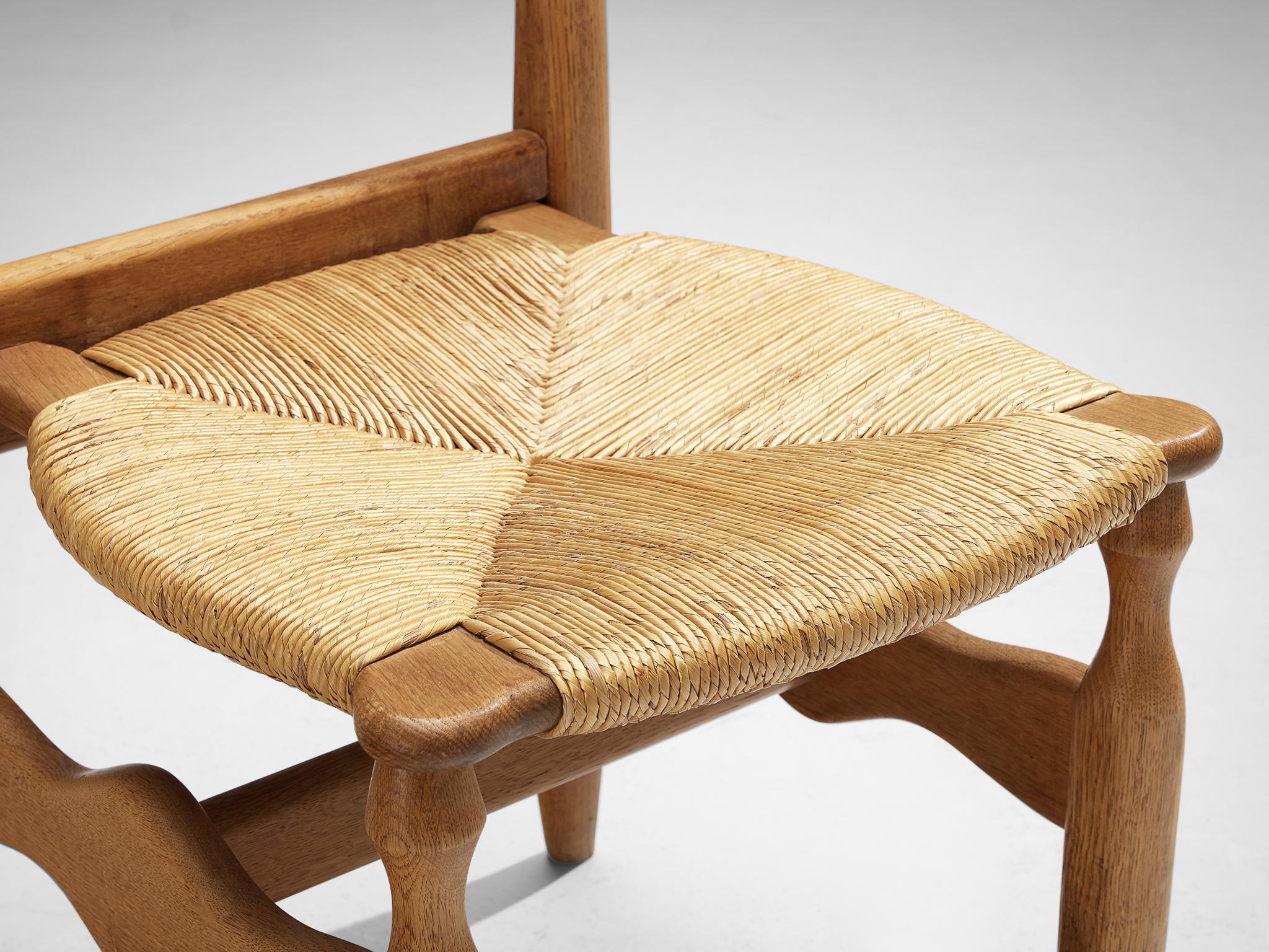 Straw Guillerme & Chambron Set of Four 'Charlotte' Dining Chairs in Oak and Rush For Sale