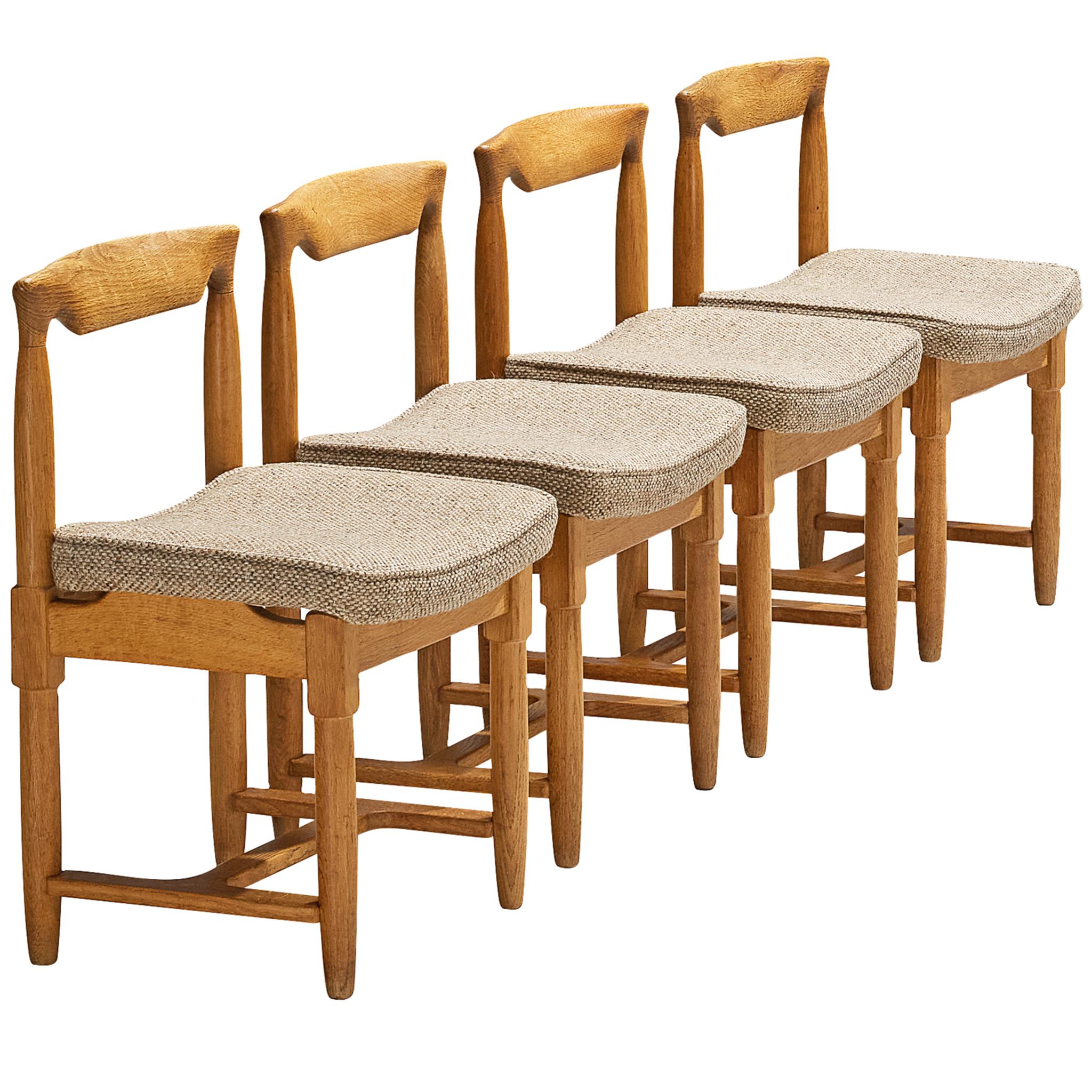 Guillerme & Chambron Set of Four Dining Chairs in Oak and Beige Fabric