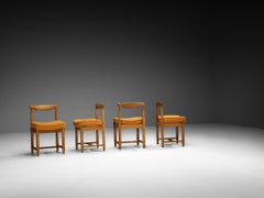 Guillerme & Chambron Set of Four Dining Chairs in Oak and Orange Wool