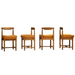 Guillerme & Chambron Set of Four Dining Chairs in Oak and Orange Wool