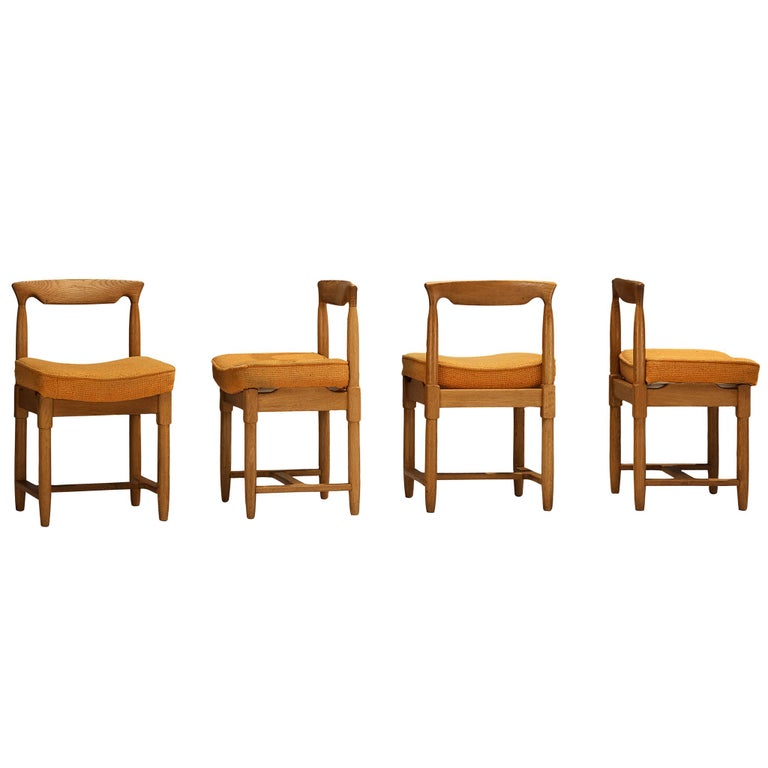 Guillerme & Chambron Set of Four Dining Chairs in Oak and Orange Wool