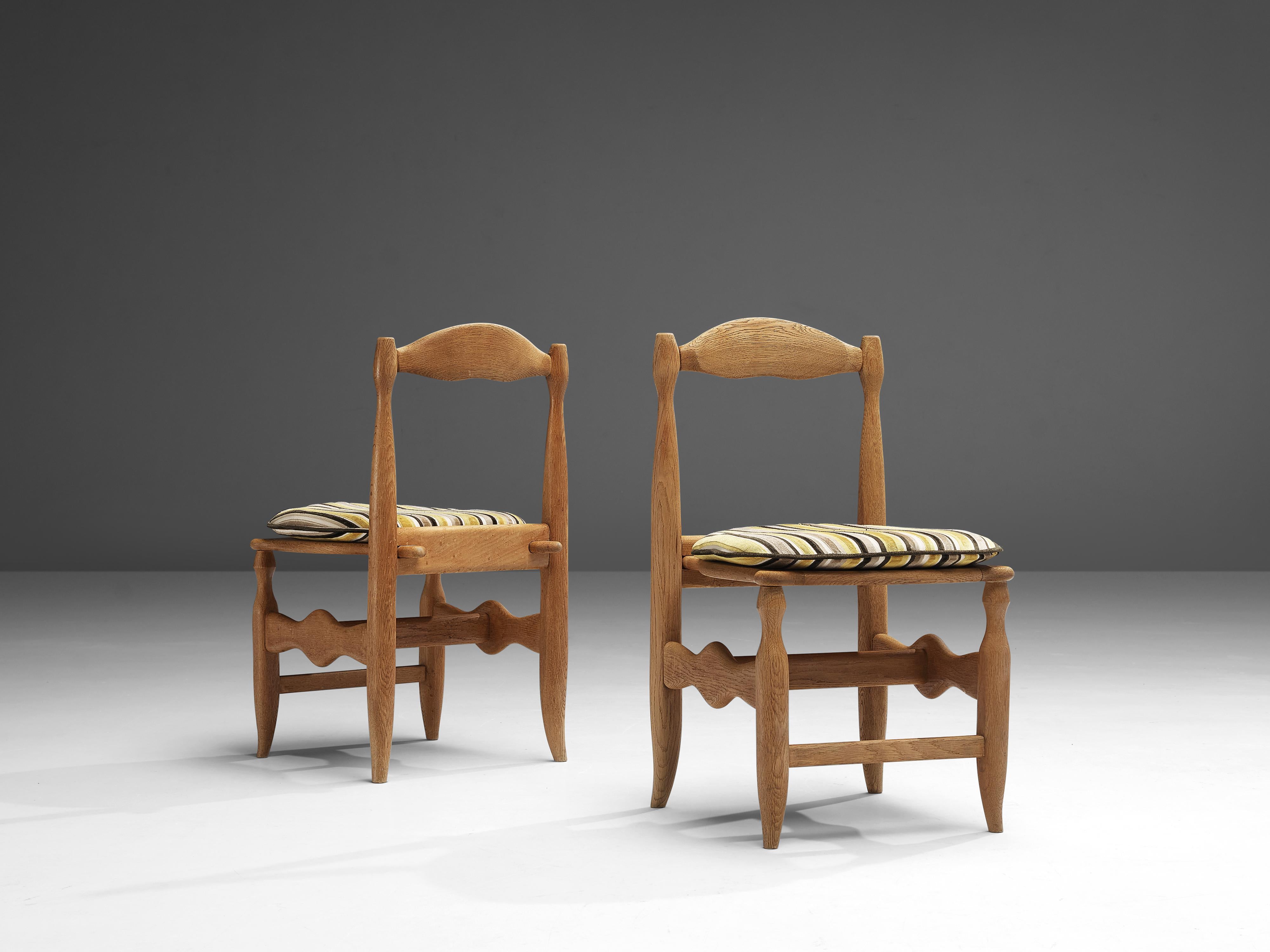 Guillerme & Chambron Set of Four Dining Chairs in Oak and Striped Fabric  For Sale 4