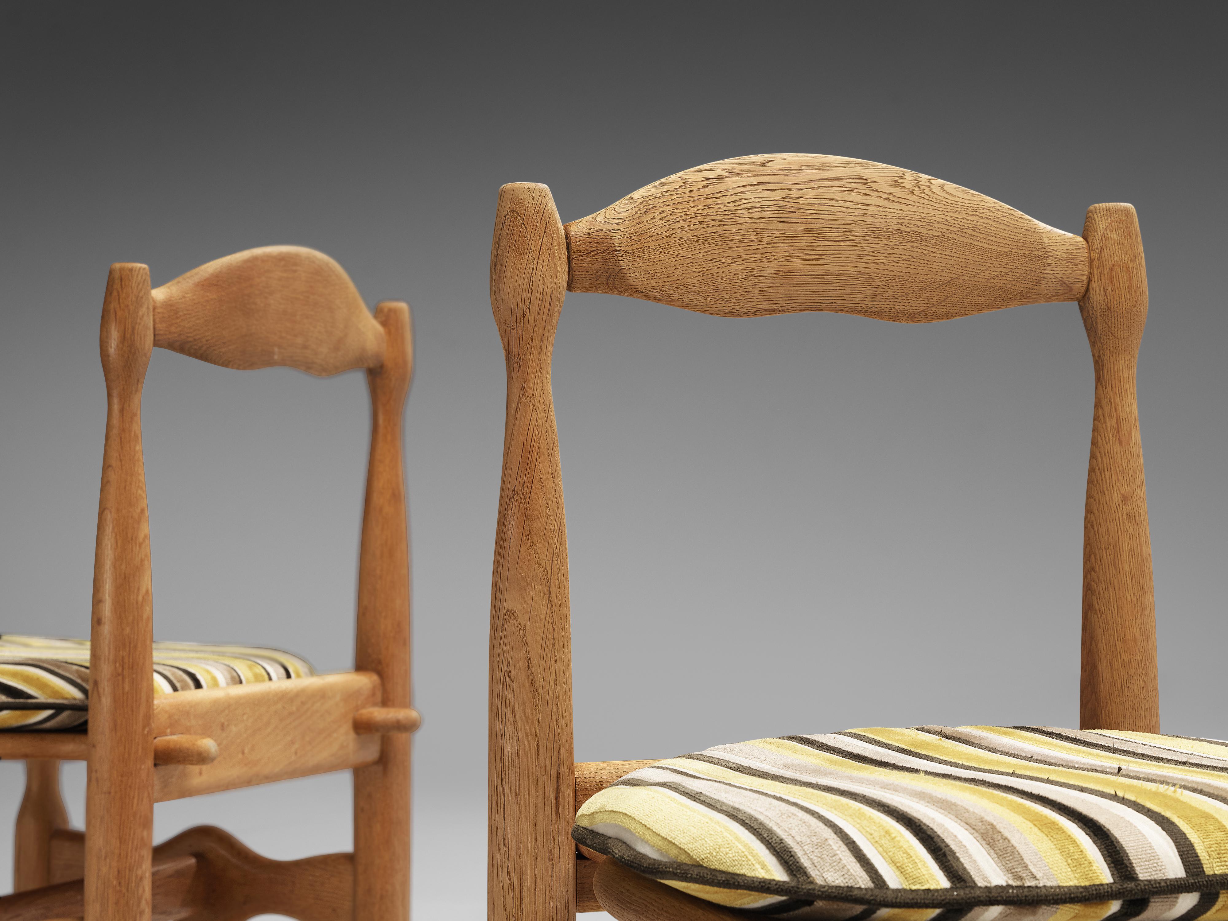 French Guillerme & Chambron Set of Four Dining Chairs in Oak and Striped Fabric  For Sale