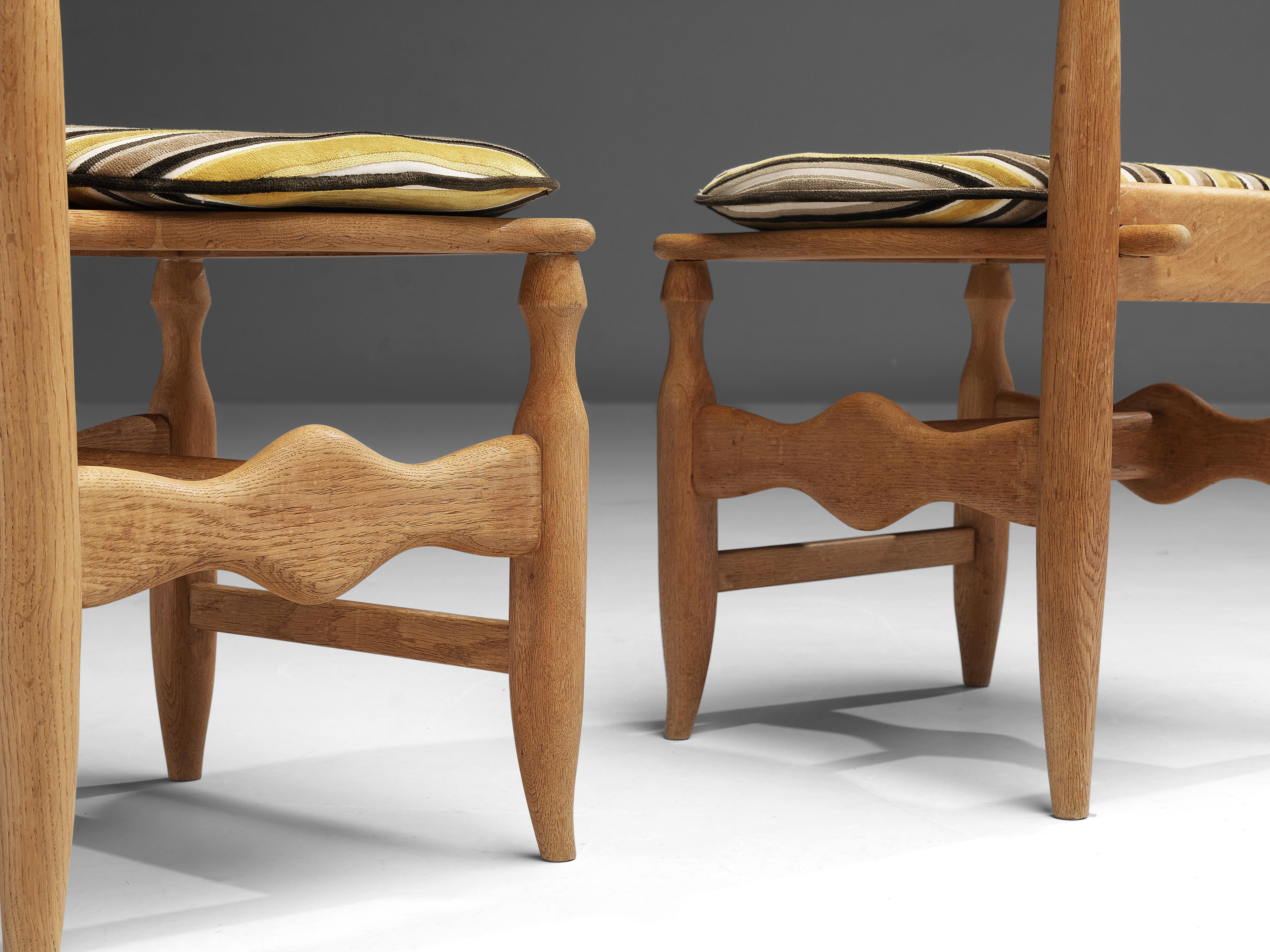 Mid-20th Century Guillerme & Chambron Set of Four Dining Chairs in Oak and Striped Fabric  For Sale