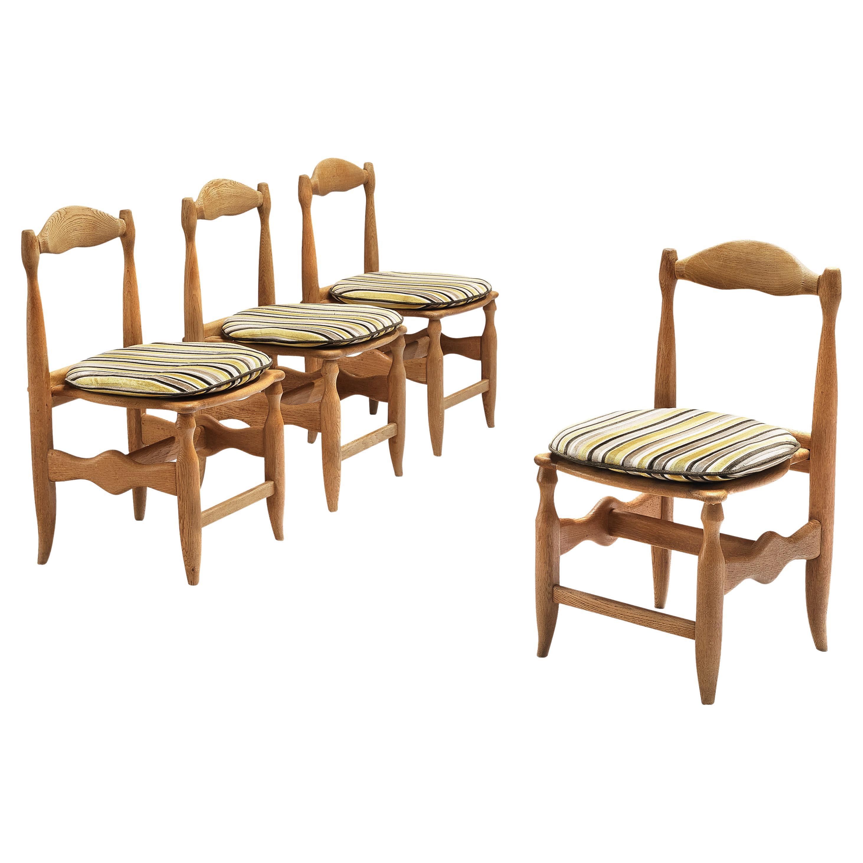 Guillerme & Chambron Set of Four Dining Chairs in Oak and Striped Fabric  For Sale