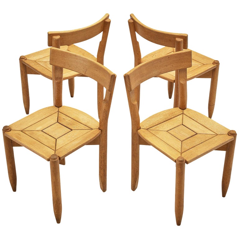 Guillerme & Chambron Set of Four Dining Chairs ‘Trèfle’ in Solid Oak For Sale