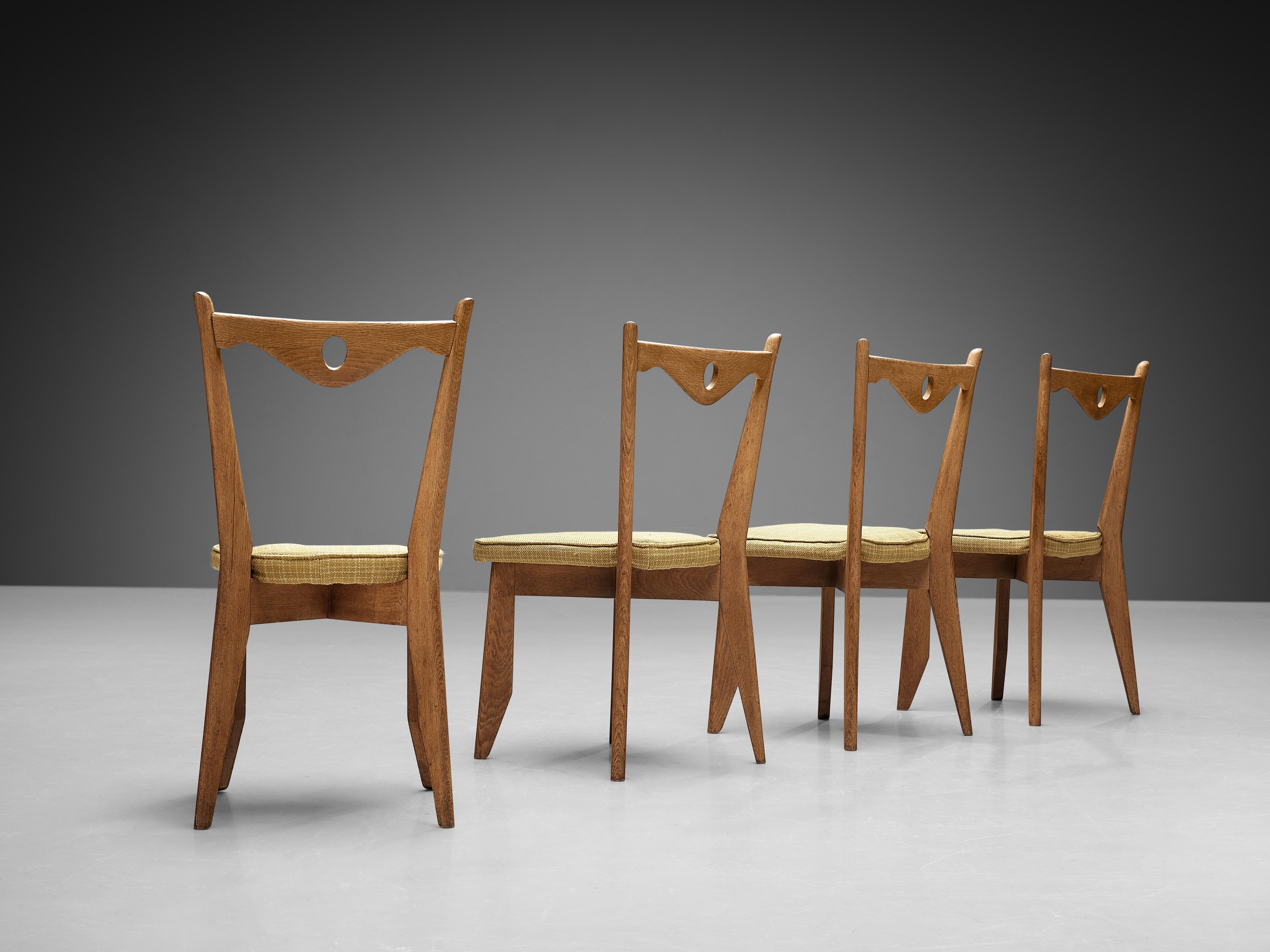 Guillerme & Chambron Set of Four 'Thibault' Chairs in Oak and Yellow Wool In Good Condition In Waalwijk, NL