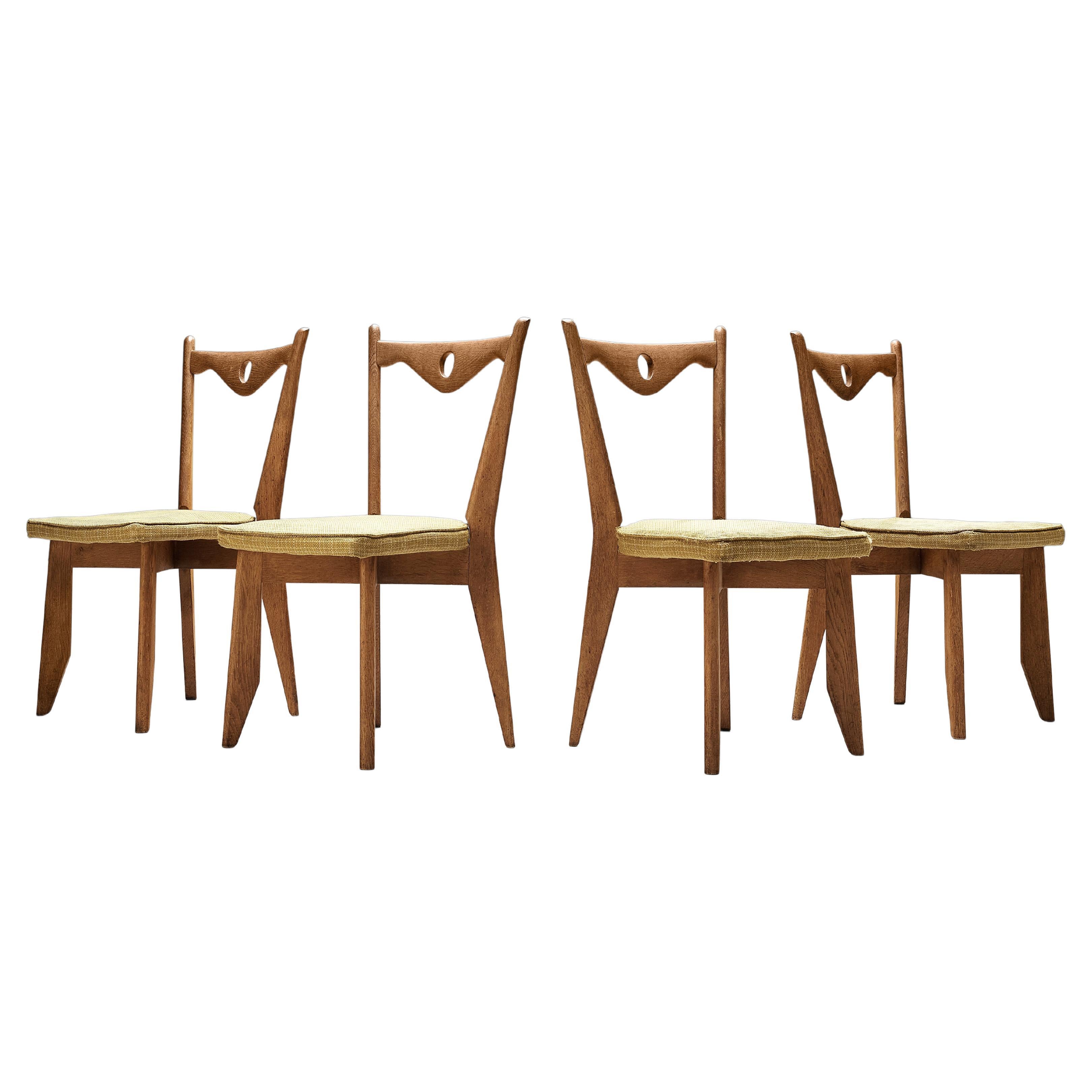 Guillerme & Chambron Set of Four 'Thibault' Chairs in Oak and Yellow Wool For Sale