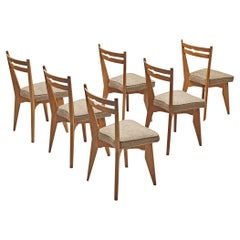 Guillerme & Chambron Set of Six Dining Chairs in Oak and Beige Upholstery 