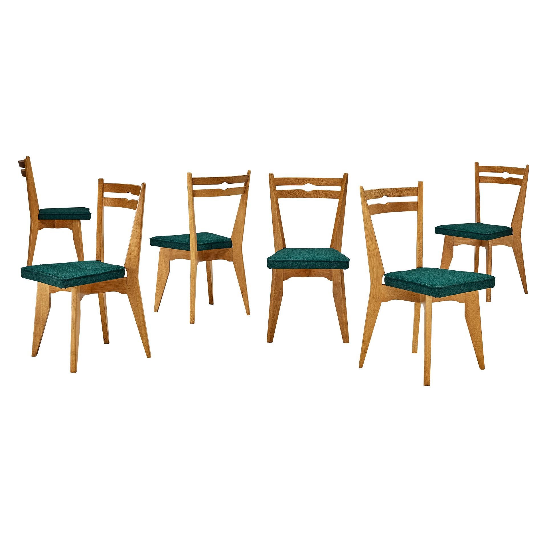 Guillerme & Chambron Set of Six Dining Chairs in Solid Oak and English Wool