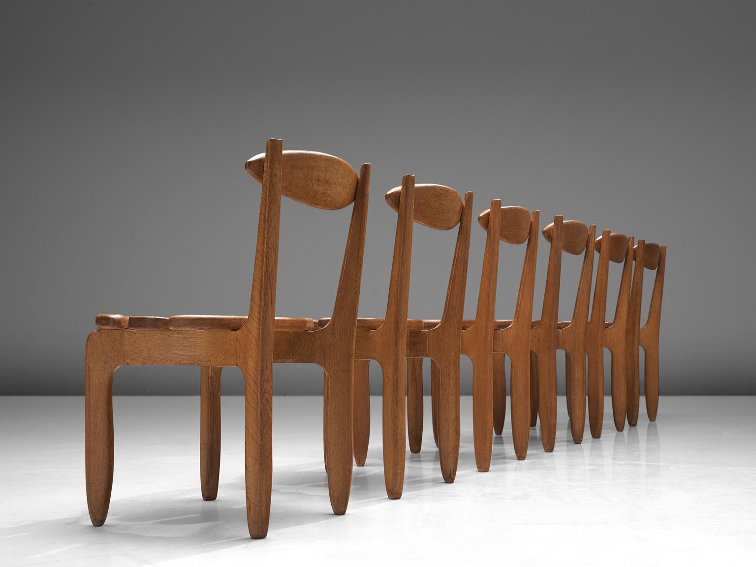 French Guillerme & Chambron Set of Six Dining Chairs in Solid Oak
