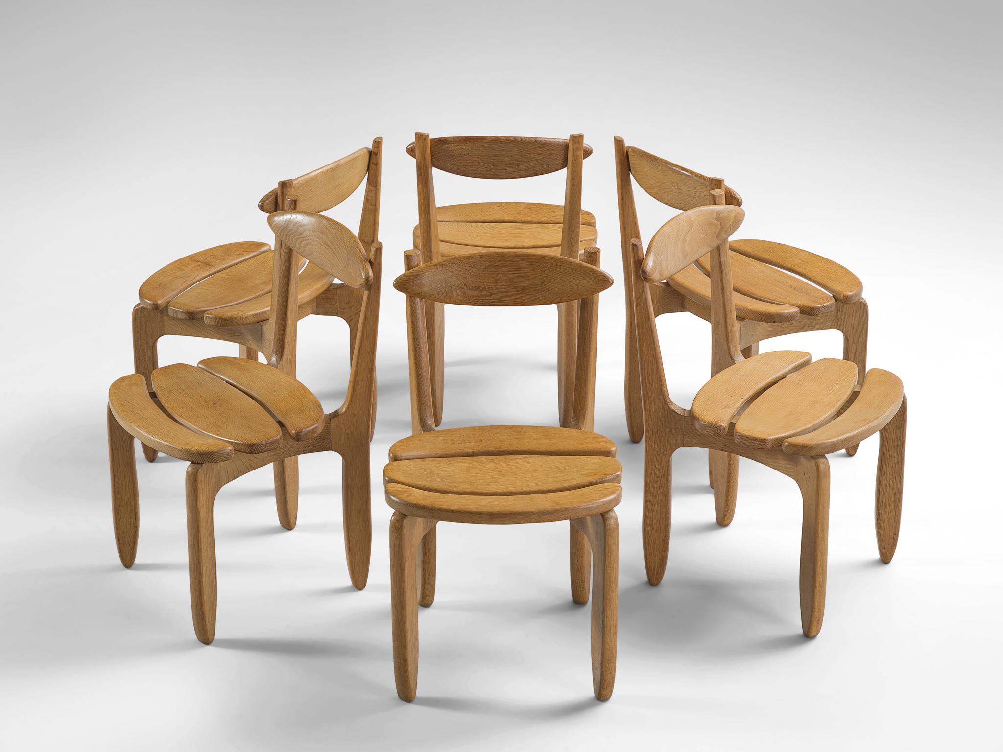 French Guillerme & Chambron Set of Six Dining Chairs in Solid Oak