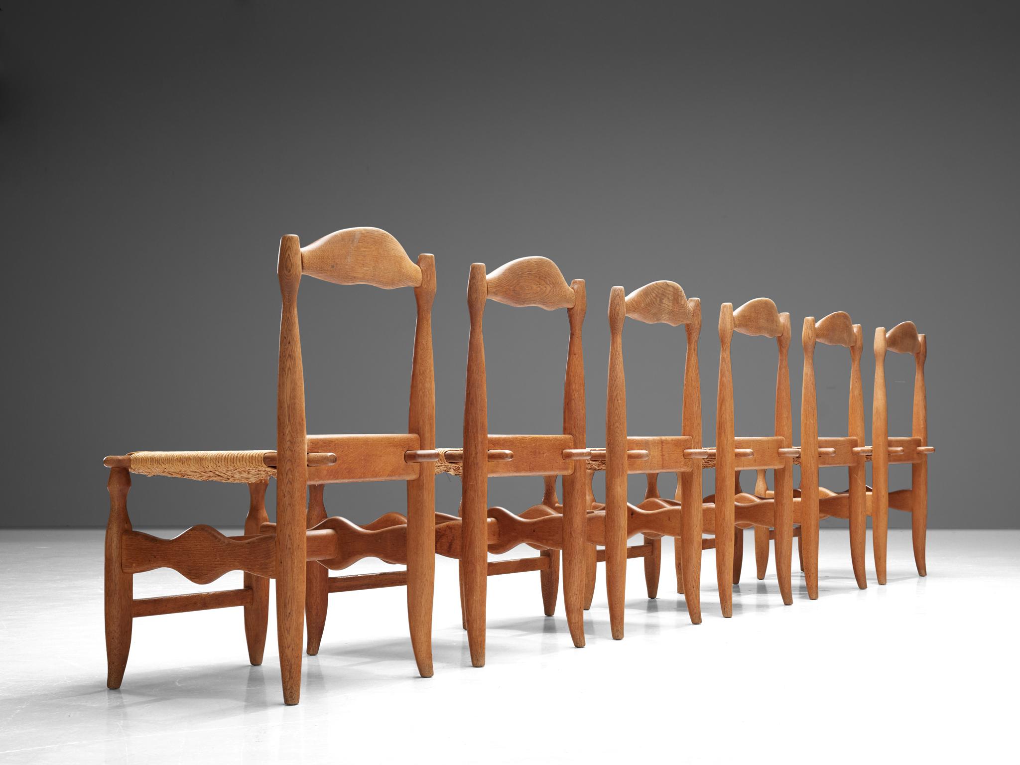 French Guillerme & Chambron Set of Six Dining Chairs Model 'Charlotte' in Oak and Cane