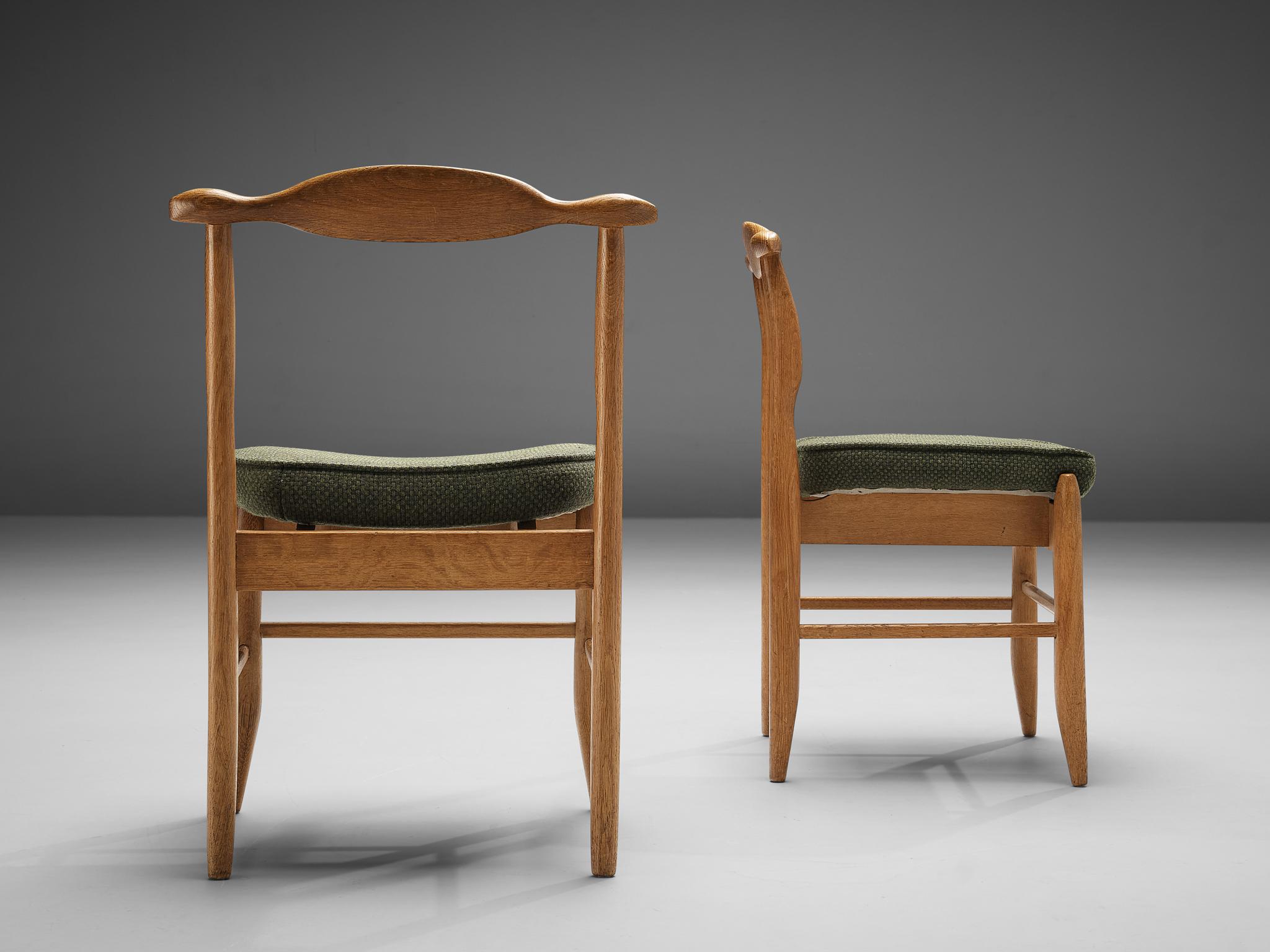 Guillerme & Chambron Set of Six 'Fumay' Dining Chairs in Oak and Green Fabric 4