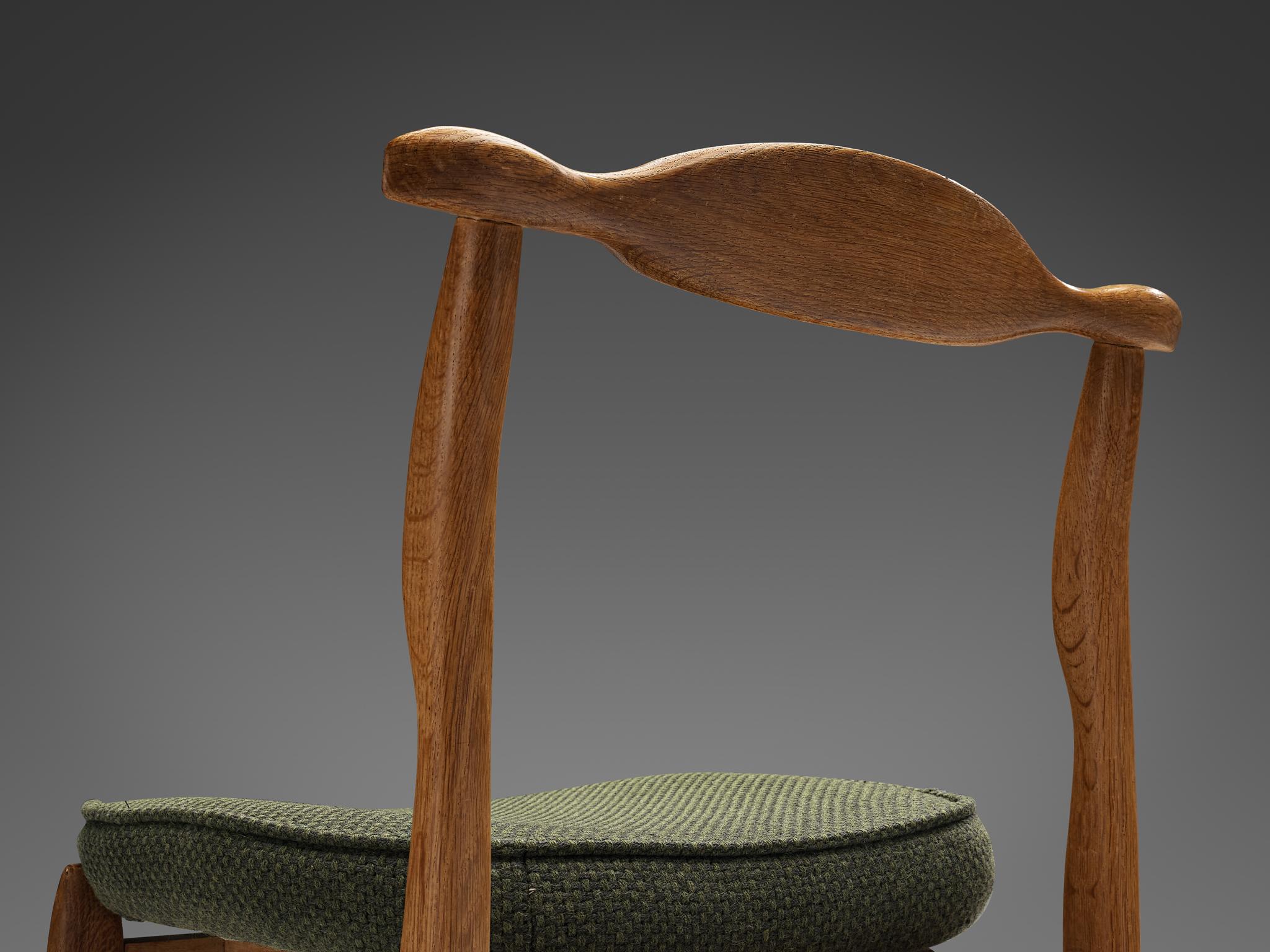 Guillerme & Chambron Set of Six 'Fumay' Dining Chairs in Oak and Green Fabric 5