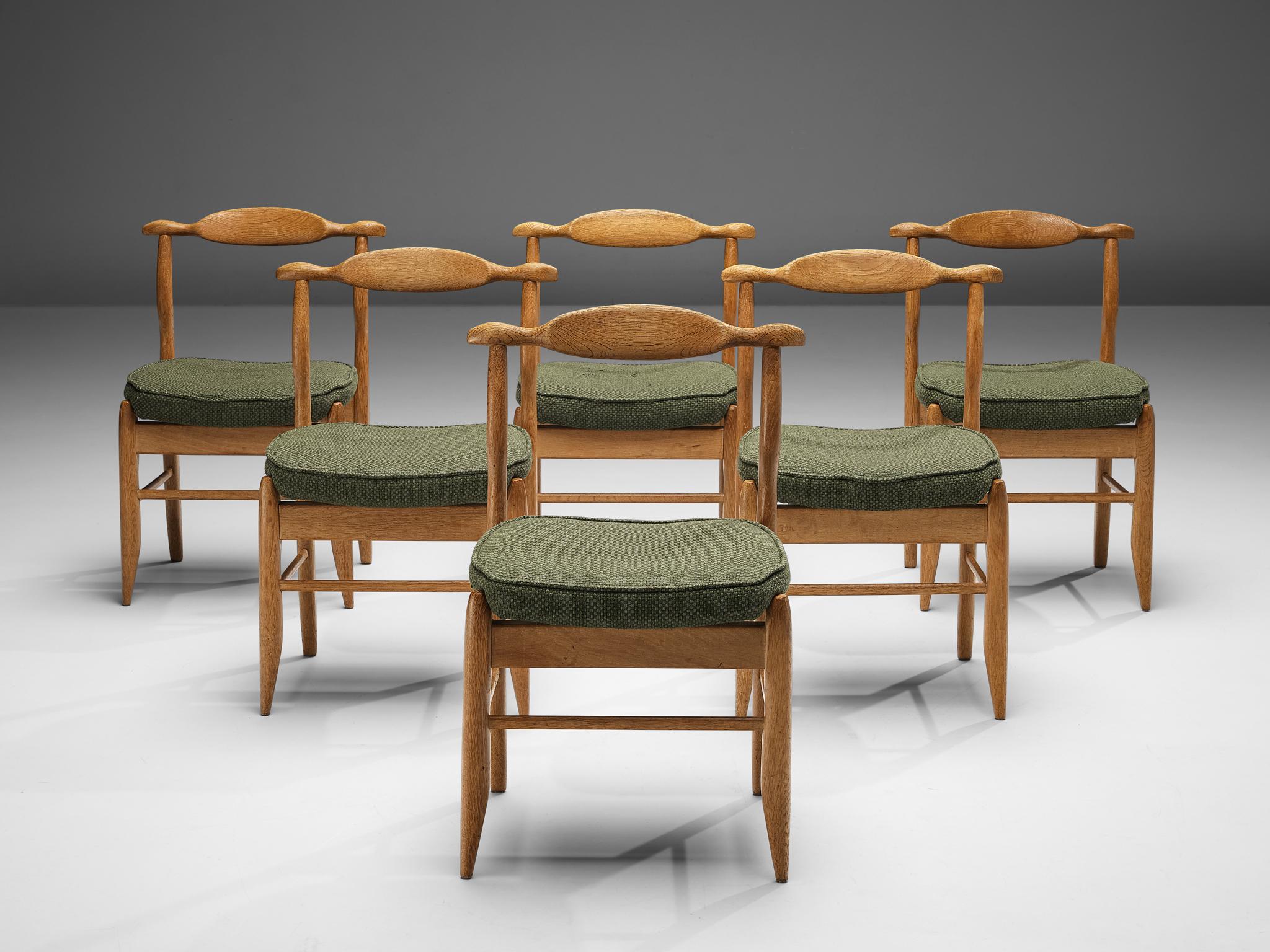 Mid-Century Modern Guillerme & Chambron Set of Six 'Fumay' Dining Chairs in Oak and Green Fabric