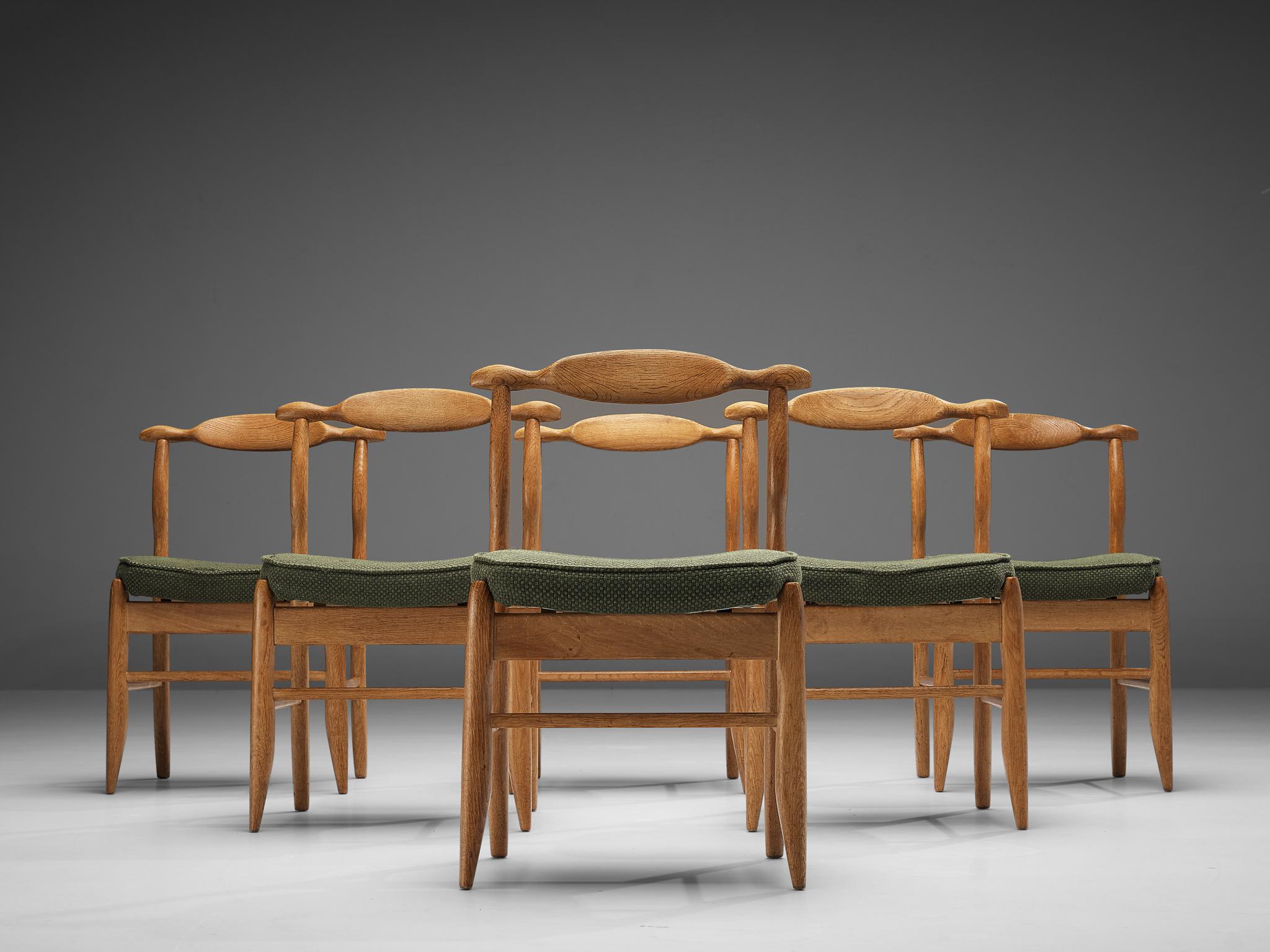 French Guillerme & Chambron Set of Six 'Fumay' Dining Chairs in Oak and Green Fabric
