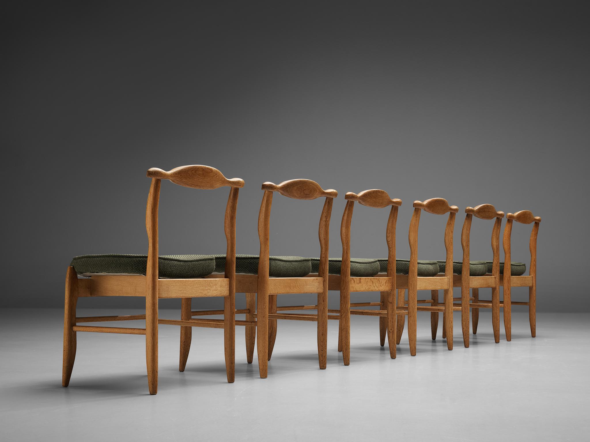 Mid-20th Century Guillerme & Chambron Set of Six 'Fumay' Dining Chairs in Oak and Green Fabric