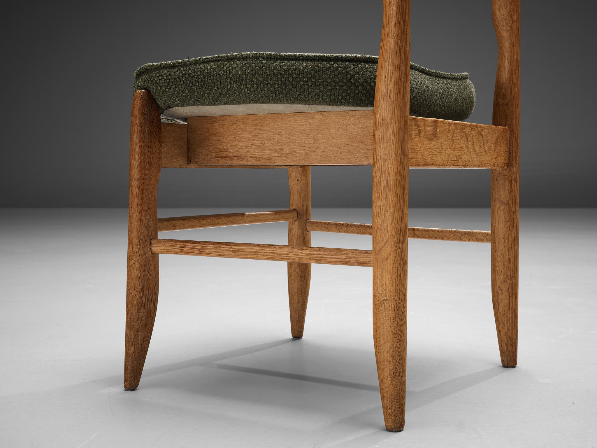 Guillerme & Chambron Set of Six 'Fumay' Dining Chairs in Oak and Green Fabric 1