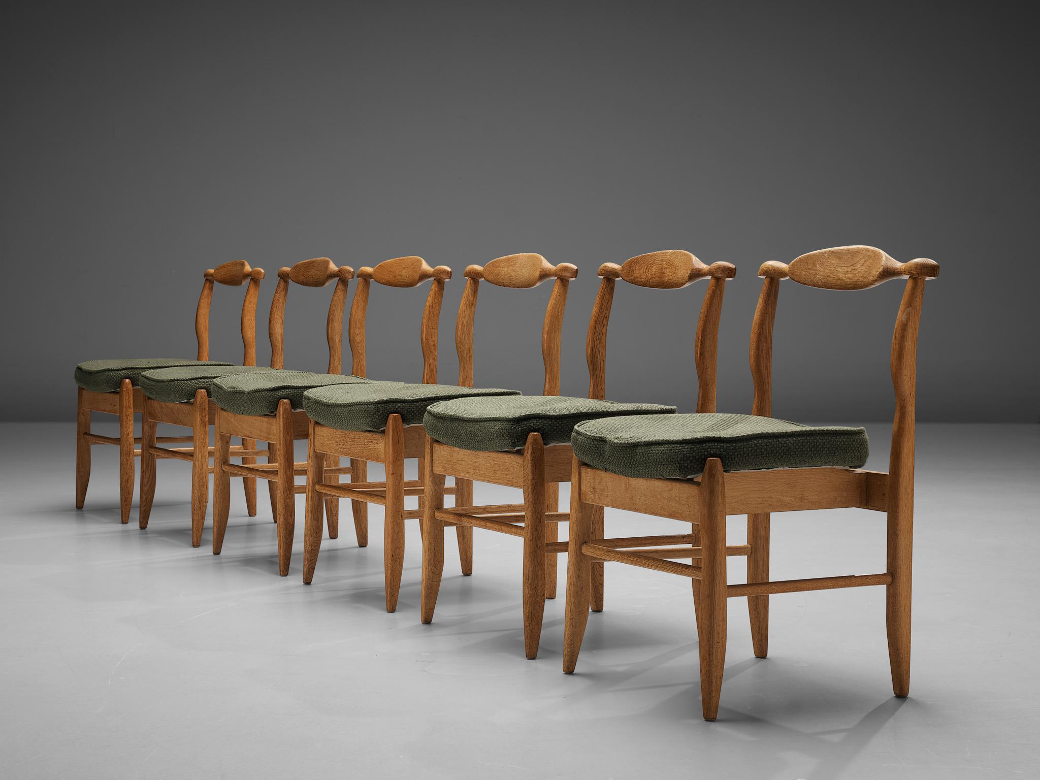Guillerme & Chambron Set of Six 'Fumay' Dining Chairs in Oak and Green Fabric 2