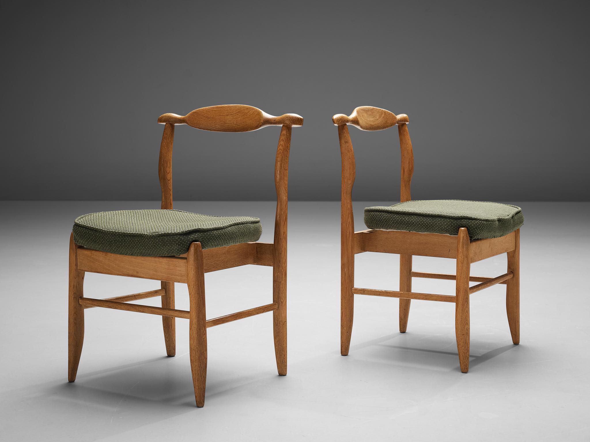 Guillerme & Chambron Set of Six 'Fumay' Dining Chairs in Oak and Green Fabric 3