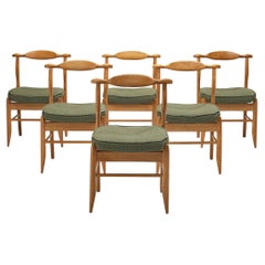 Guillerme & Chambron Set of Six 'Fumay' Dining Chairs in Oak and Green Fabric