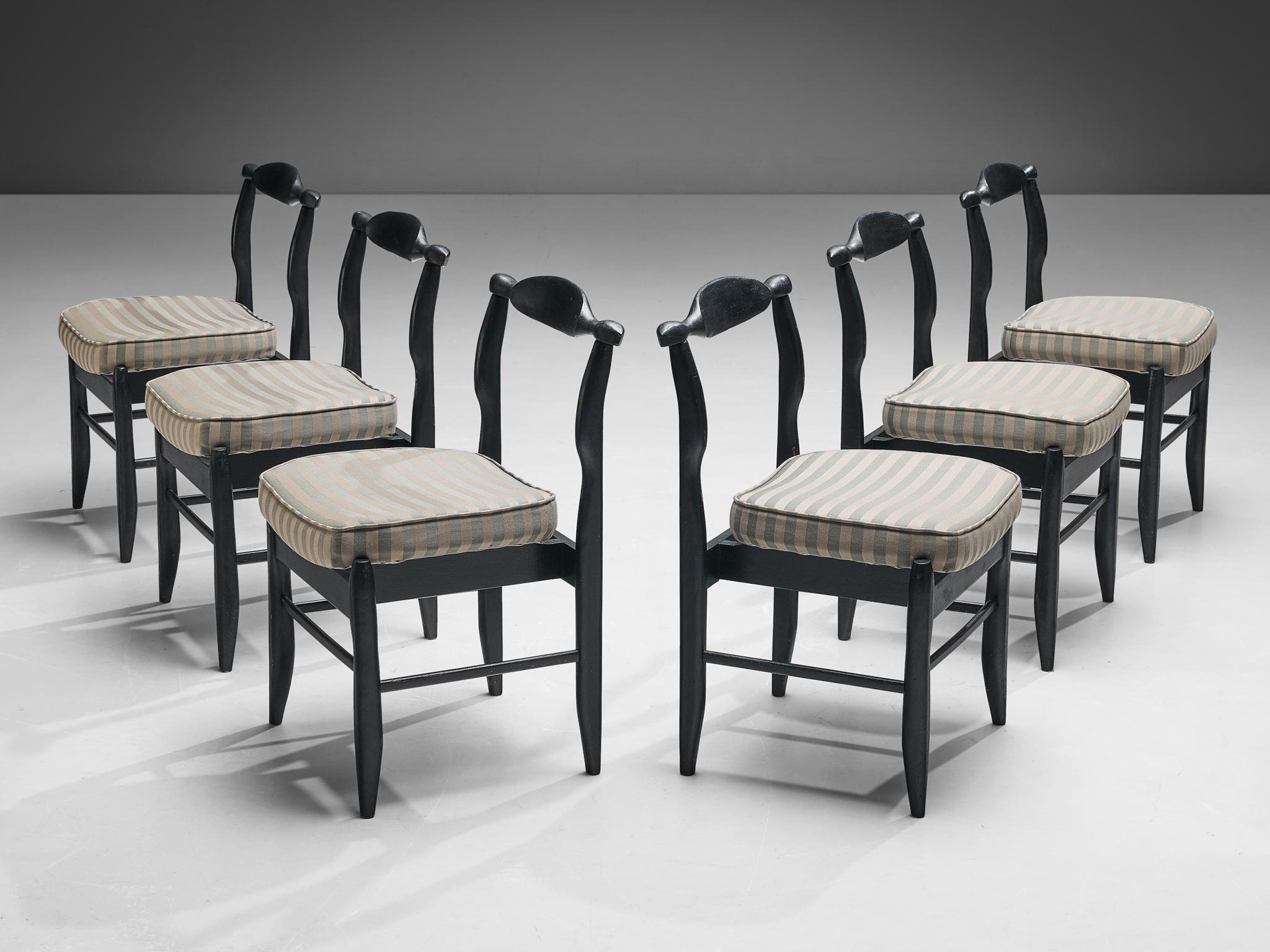 Guillerme et Chambron for Votre Maison, set of six dining chairs model 'Fumay,' stained oak, fabric, France, 1960s.

Beautifully shaped chairs in stained oak by French designer duo Jacques Chambron and Robert Guillerme. These dining chairs show