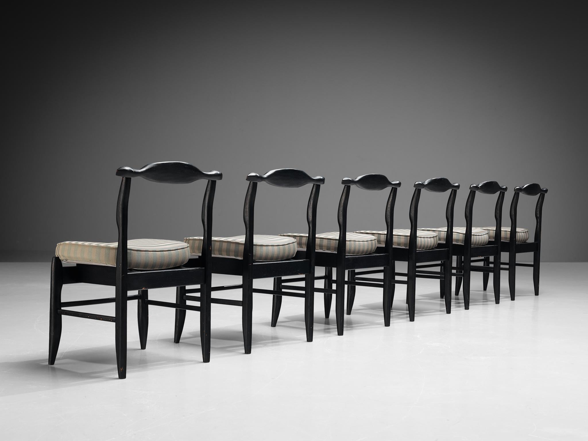 Fabric Guillerme & Chambron Set of Six 'Fumay' Dining Chairs in Black Stained Oak 