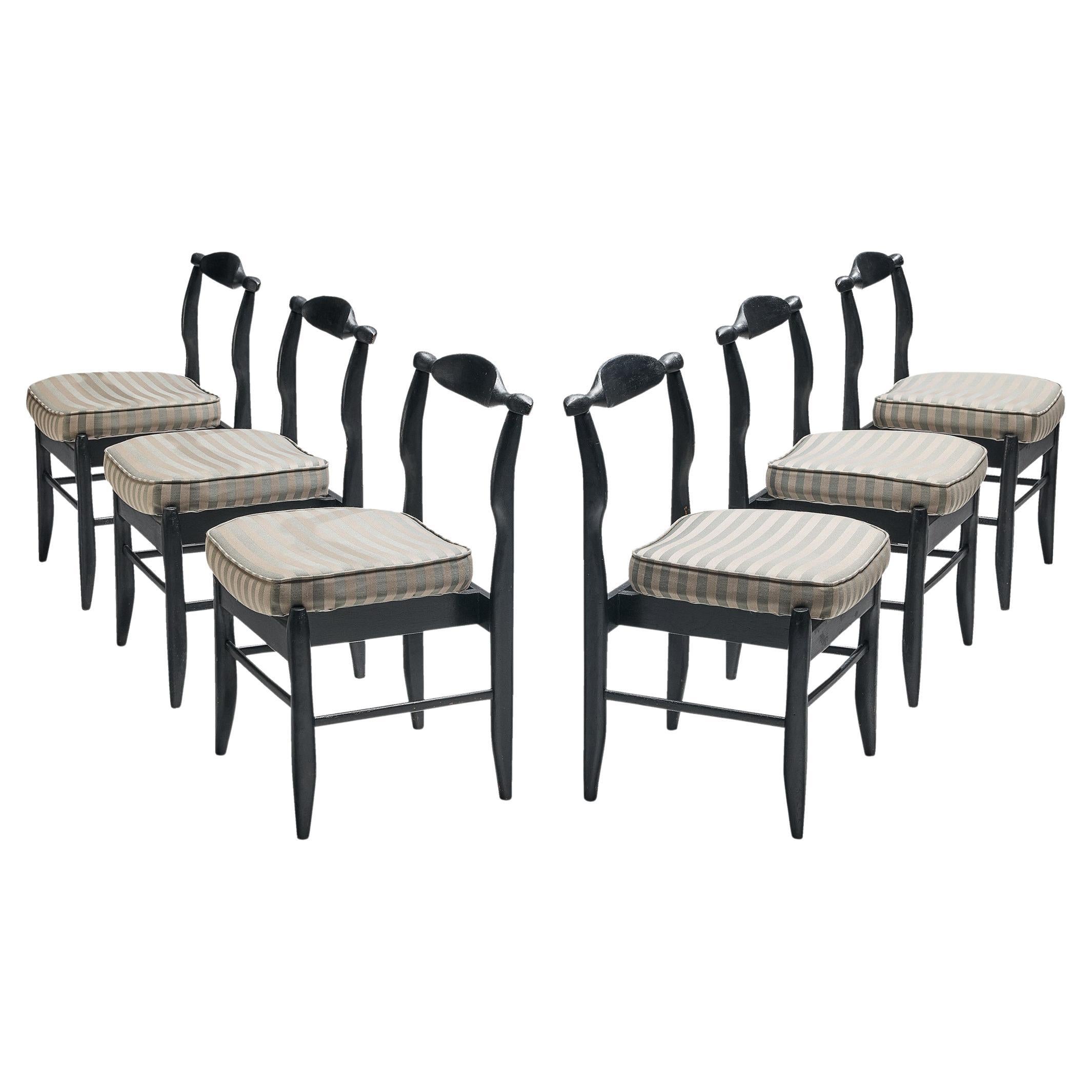 Guillerme & Chambron Set of Six 'Fumay' Dining Chairs in Stained Oak and Fabric