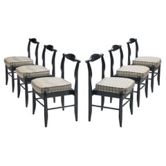 Guillerme & Chambron Set of Six 'Fumay' Dining Chairs in Stained Oak and Fabric