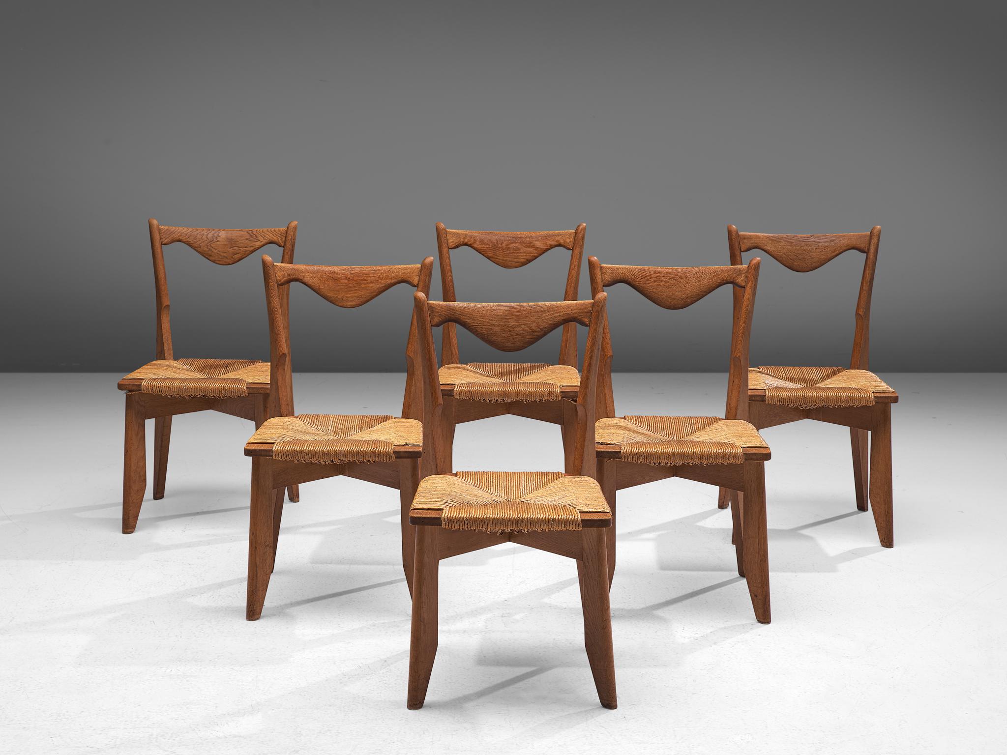 French Guillerme & Chambron Set of Six 'Thibault' Chairs in Oak and Cord