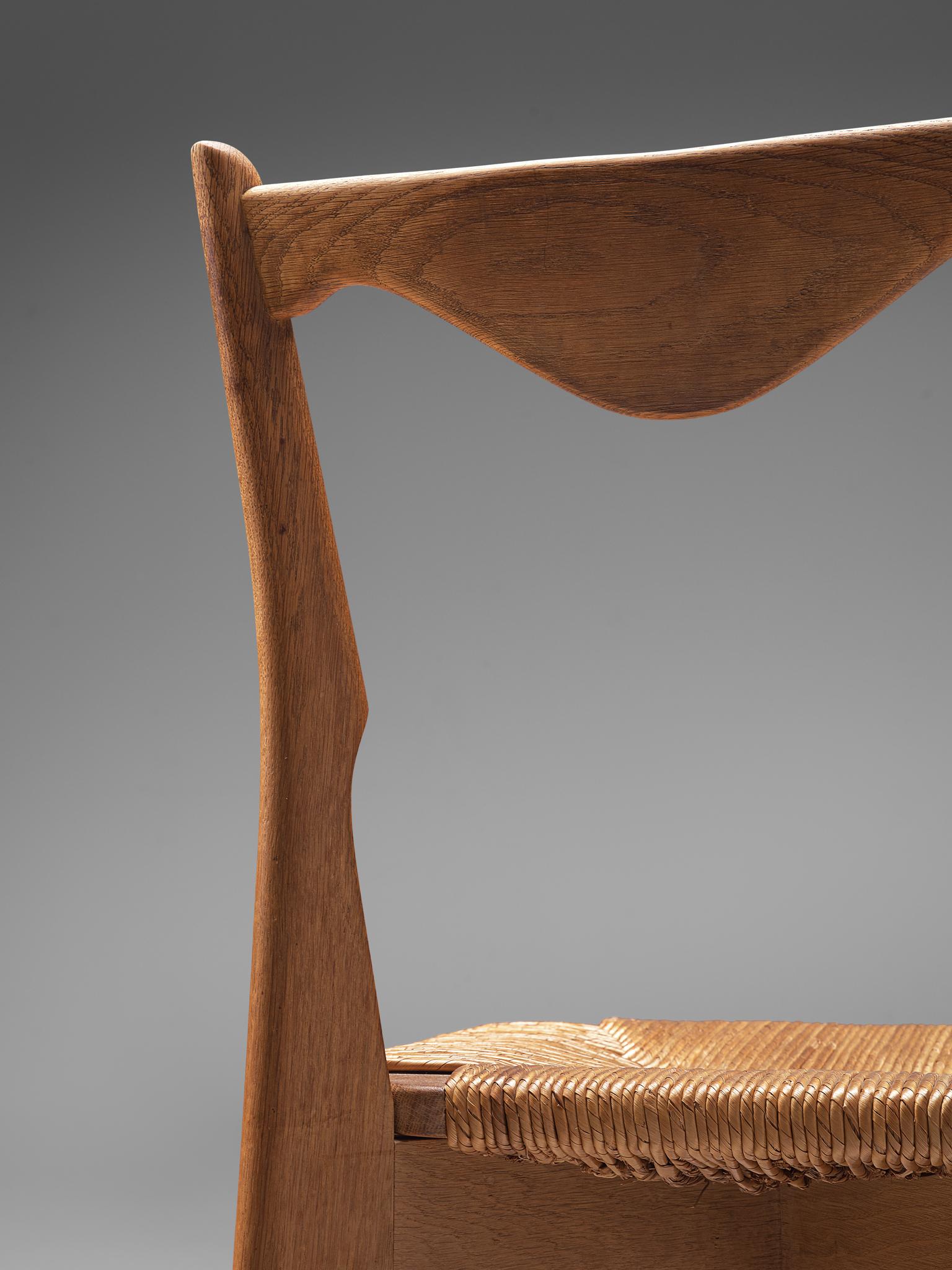 Mid-20th Century Guillerme & Chambron Set of Six 'Thibault' Chairs in Oak and Cord