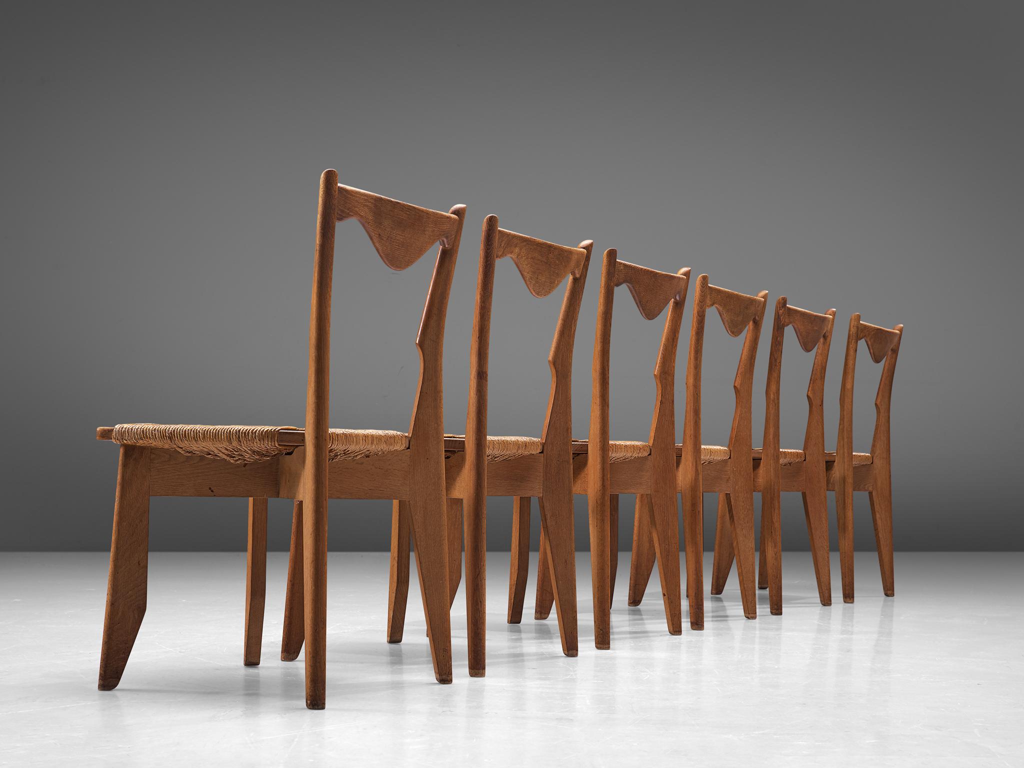 Rope Guillerme & Chambron Set of Six 'Thibault' Chairs in Oak and Cord