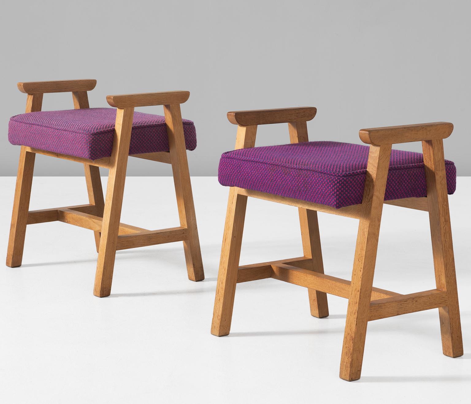 Mid-20th Century Guillerme and Chambron Set of Two Oak and Fabric Stools
