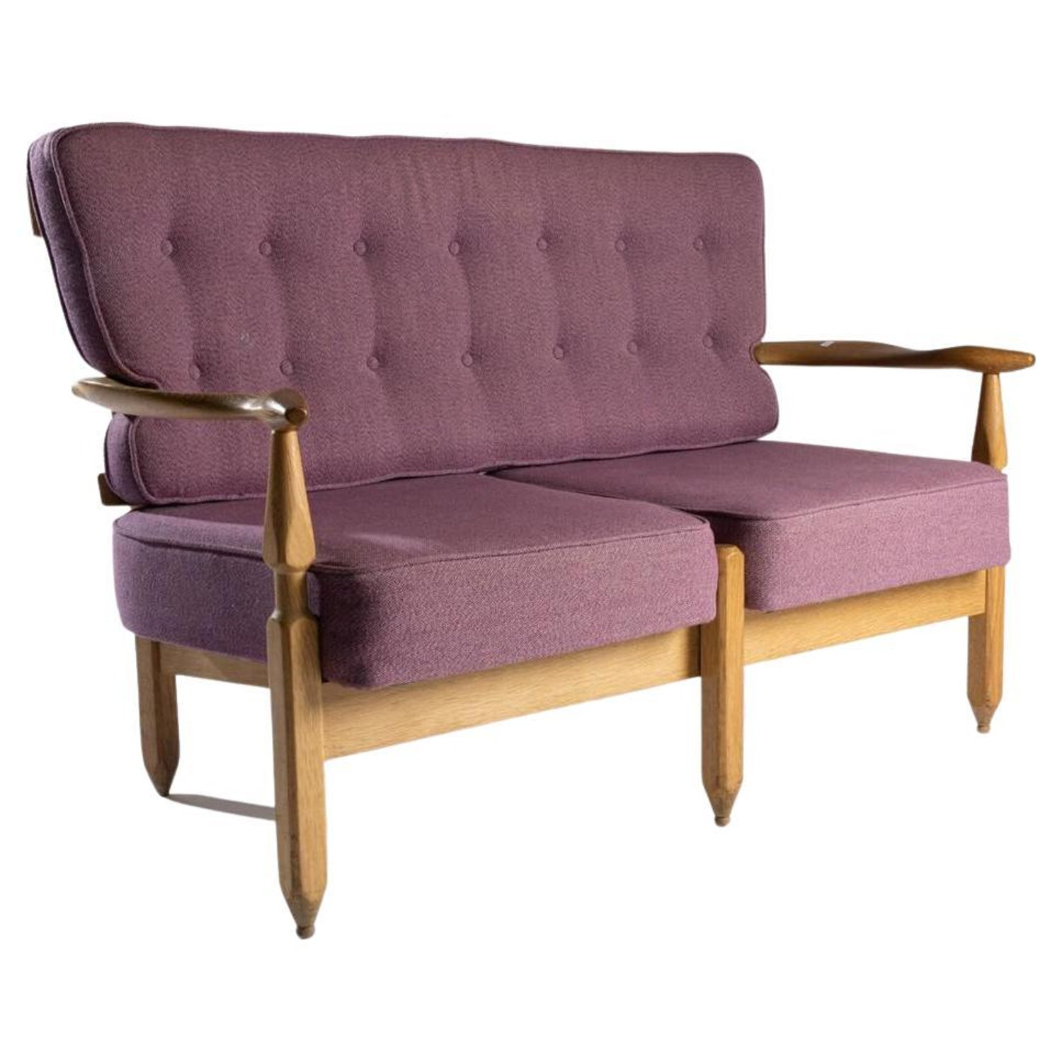 Guillerme et Chambron Oak Settee with Lamp, France 1950's at 1stDibs