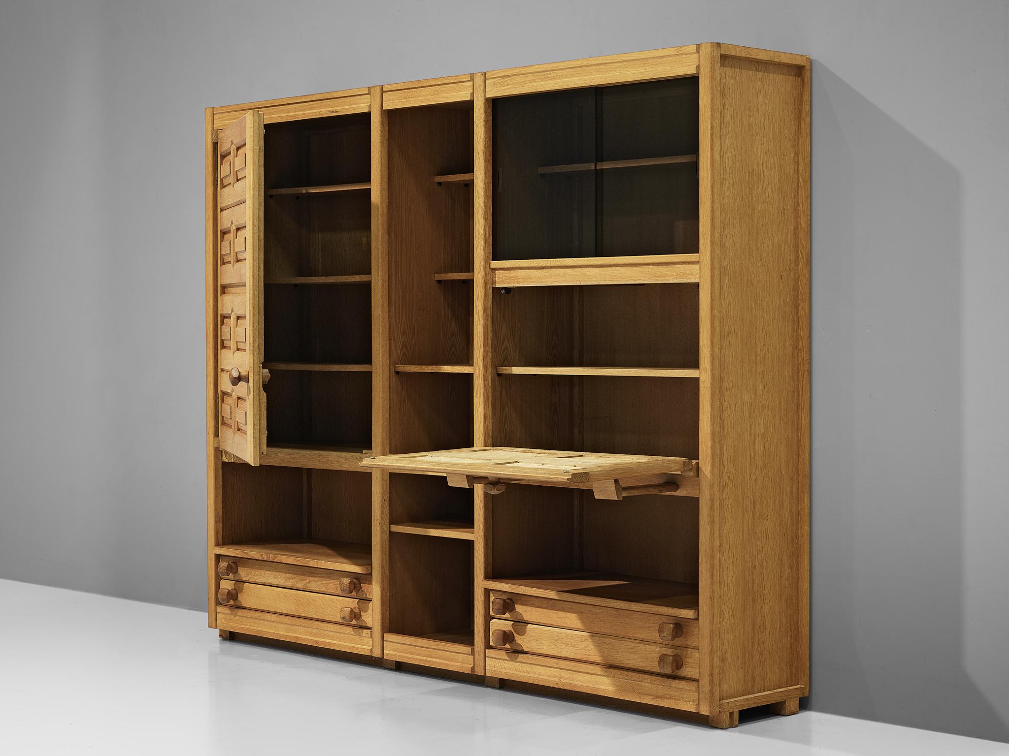 Mid-20th Century Guillerme & Chambron Cupboard in Oak and Glass