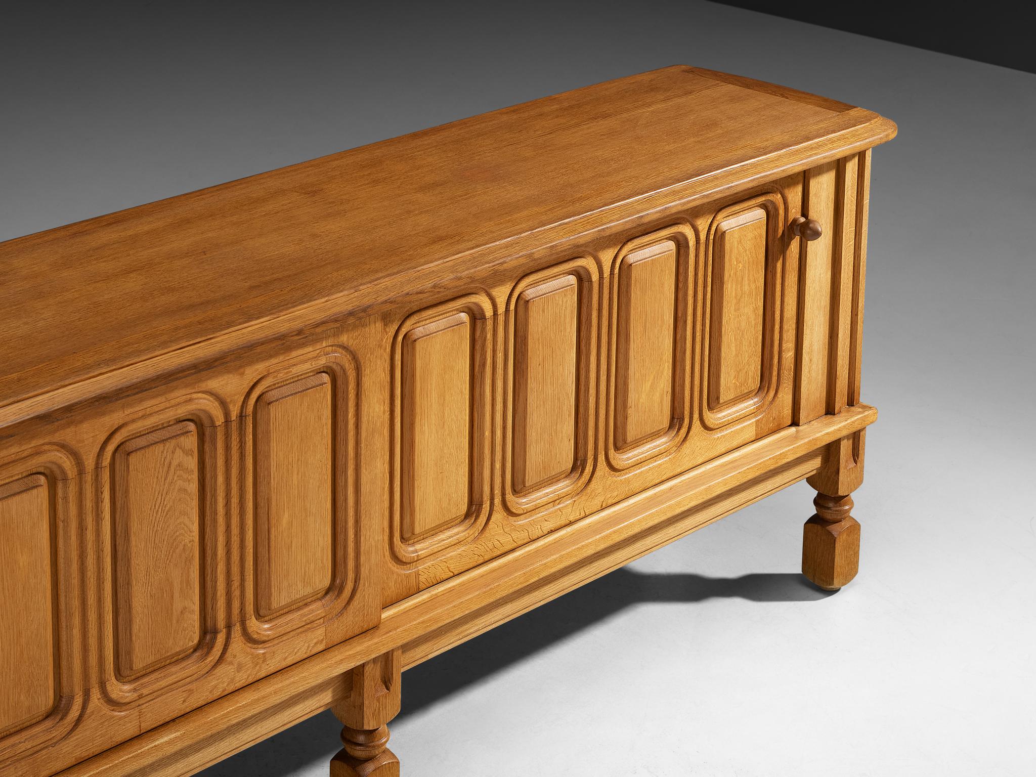 Mid-Century Modern Guillerme & Chambron Sideboard in Oak and Brass For Sale