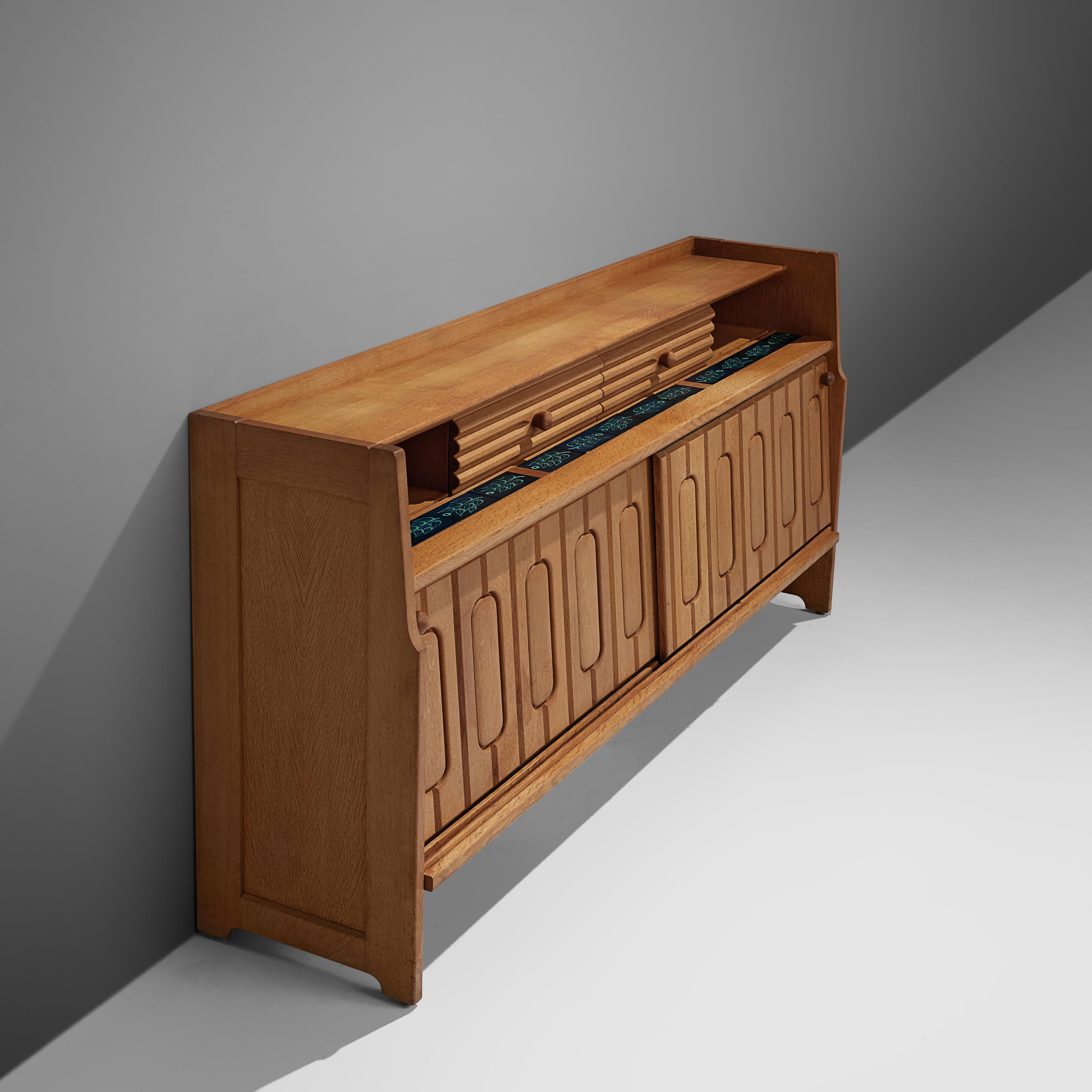 French Guillerme & Chambron Sideboard in Oak and Ceramic Tiles