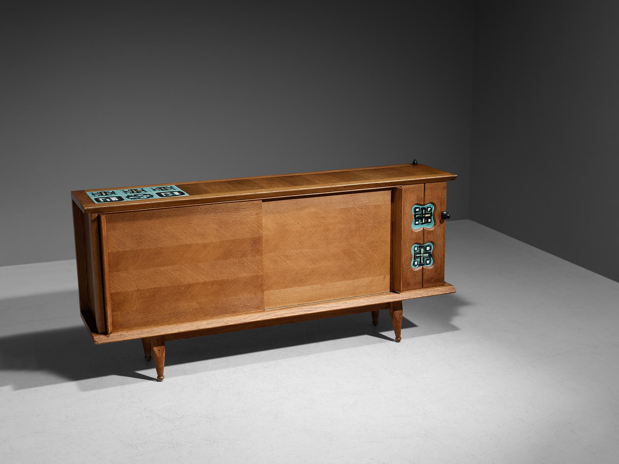 Guillerme & Chambron Sideboard in Oak with Ceramic Tiles For Sale 4