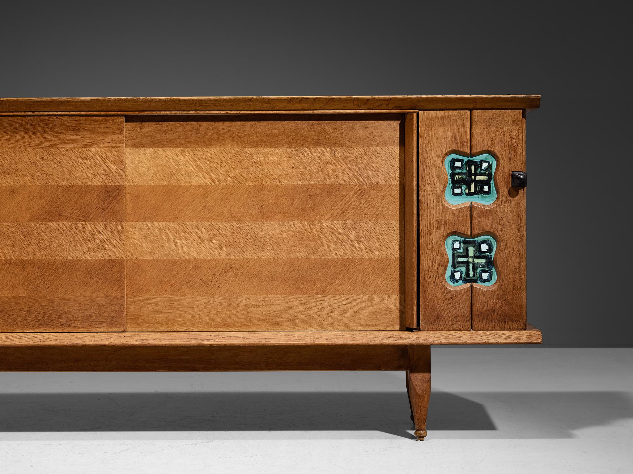 Mid-Century Modern Guillerme & Chambron Sideboard in Oak with Ceramic Tiles For Sale