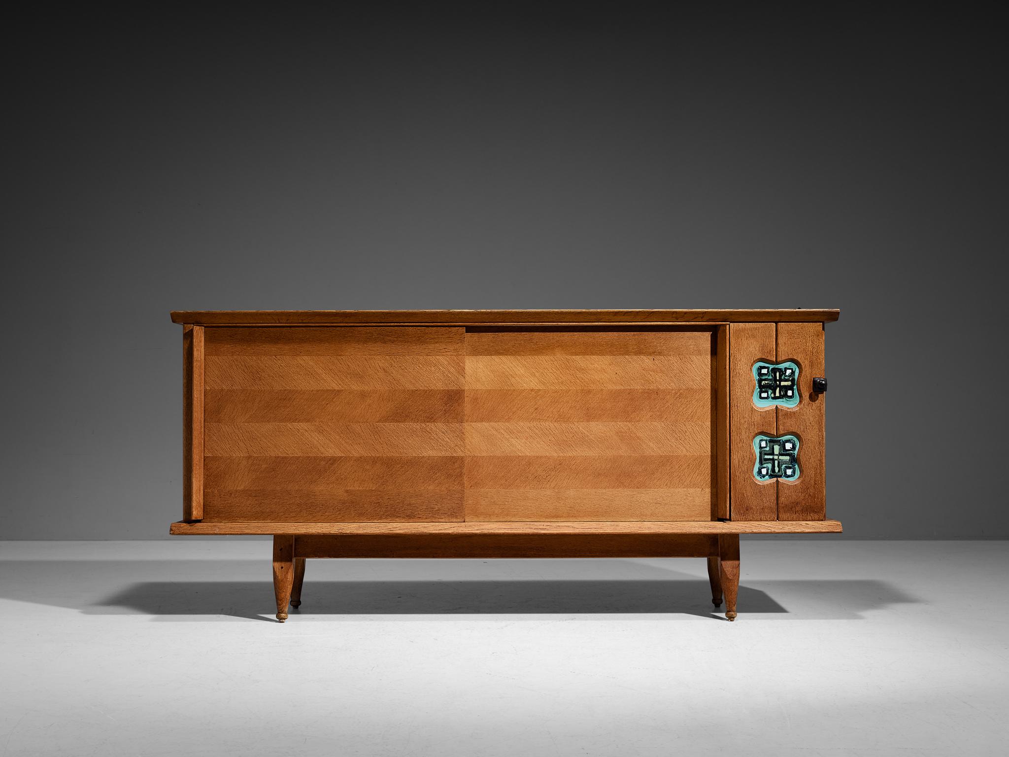 Guillerme & Chambron Sideboard in Oak with Ceramic Tiles For Sale 1