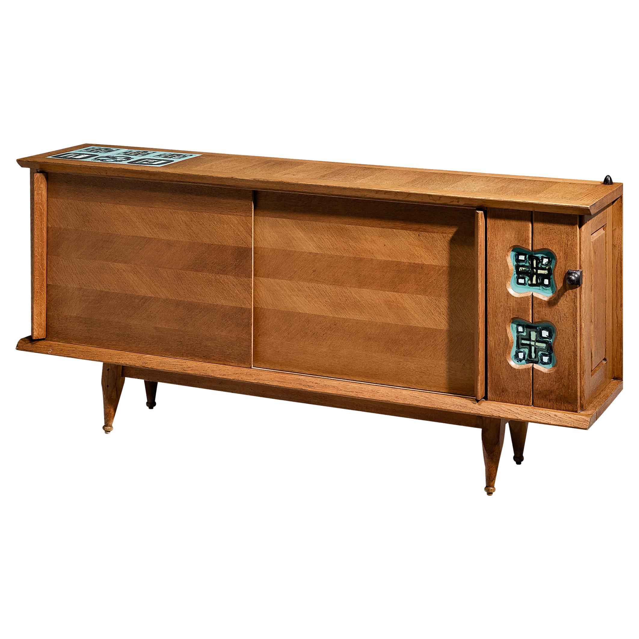 Guillerme & Chambron Sideboard in Oak with Ceramic Tiles For Sale