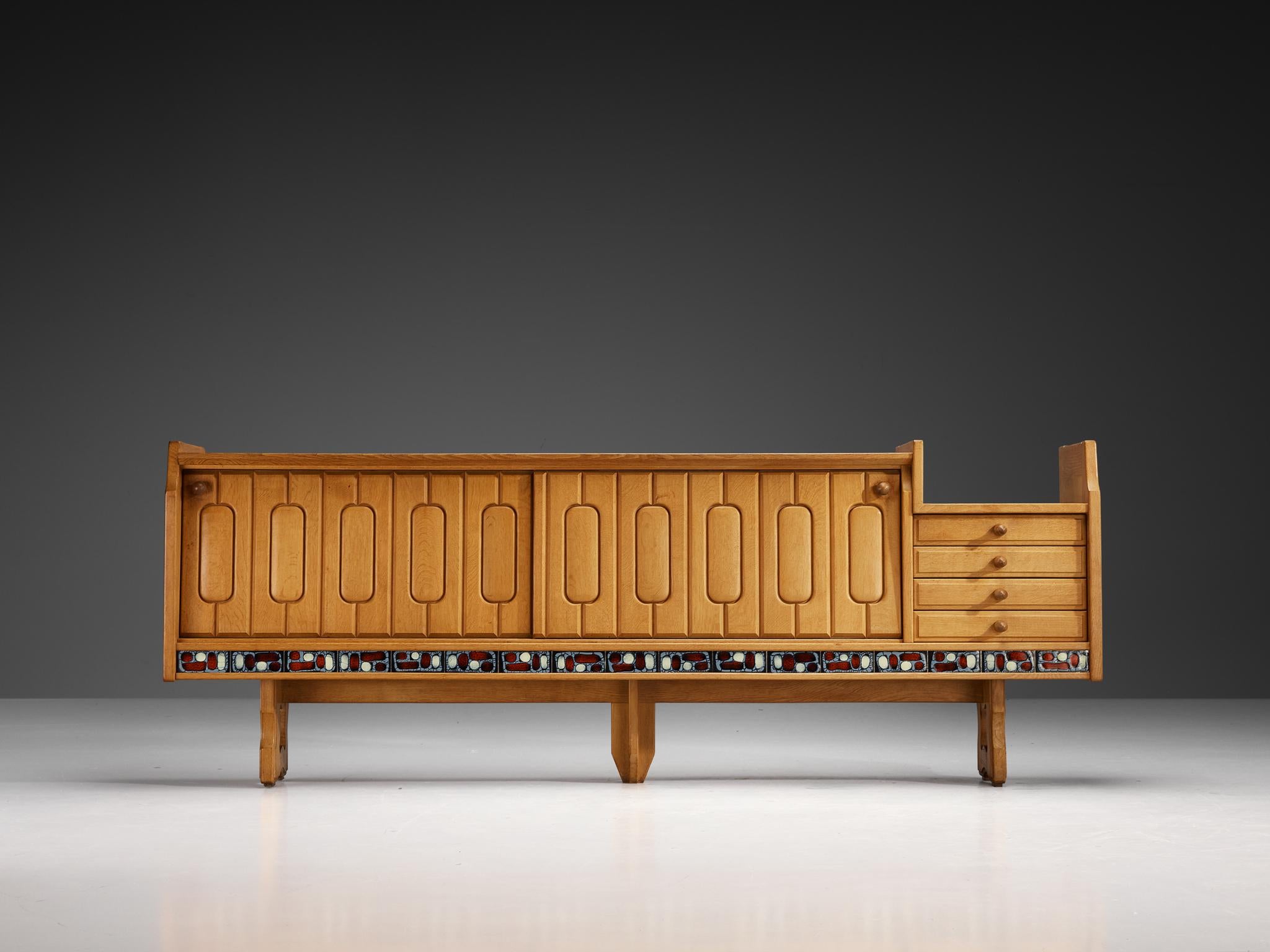 French Guillerme & Chambron 'Simon' Sideboard in Solid Oak and Ceramic For Sale
