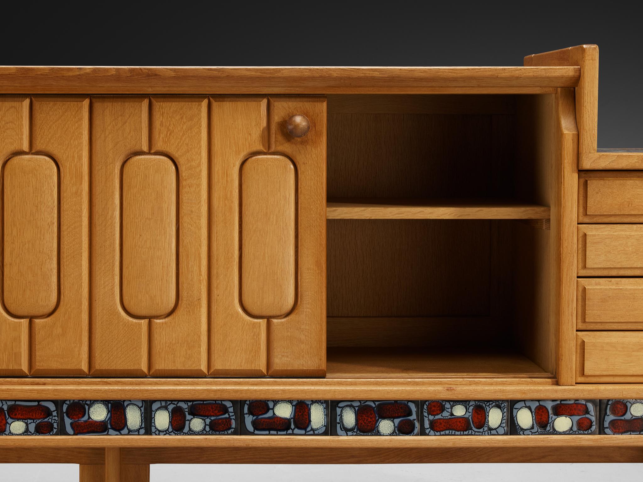 Mid-20th Century Guillerme & Chambron 'Simon' Sideboard in Solid Oak and Ceramic For Sale